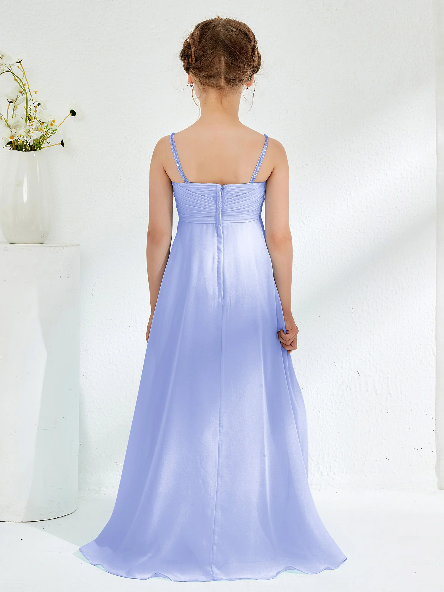 V-neck Spaghetti Straps Floor-length Junior Bridesmaid Dresses Lavender - Image 2
