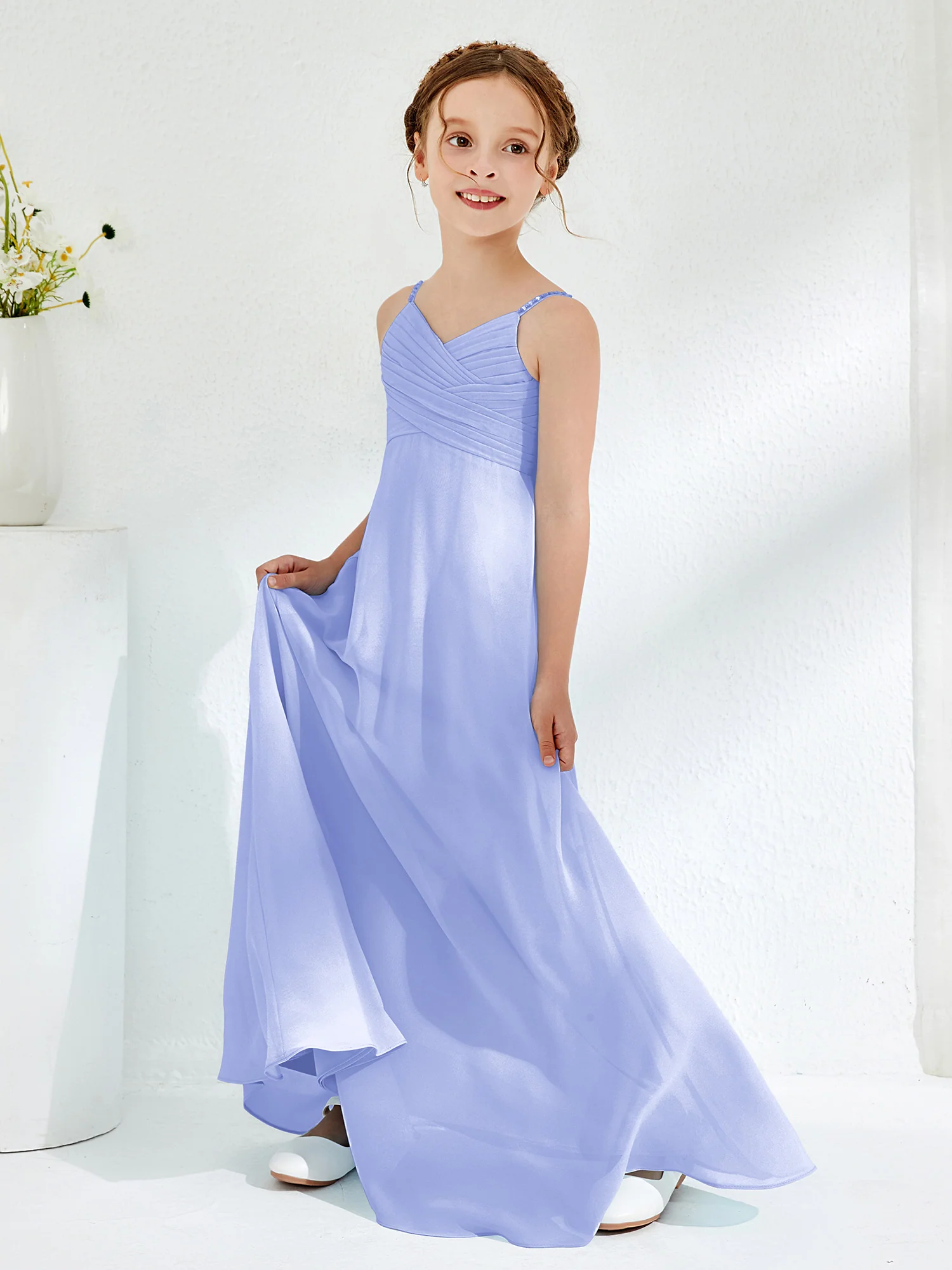 V-neck Spaghetti Straps Floor-length Junior Bridesmaid Dresses Lavender - Image 3