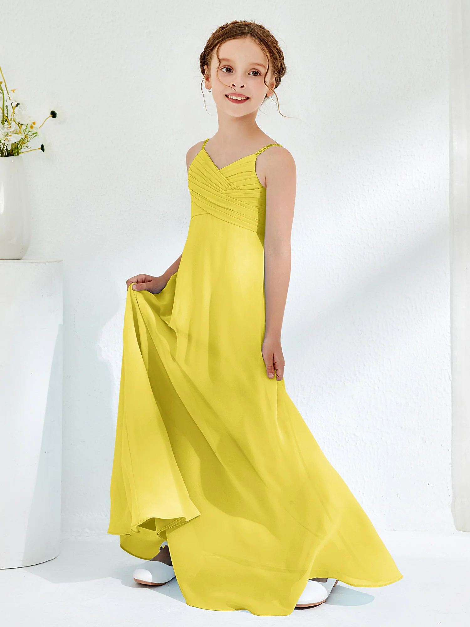 V-neck Spaghetti Straps Floor-length Junior Bridesmaid Dresses Lemon - Image 3