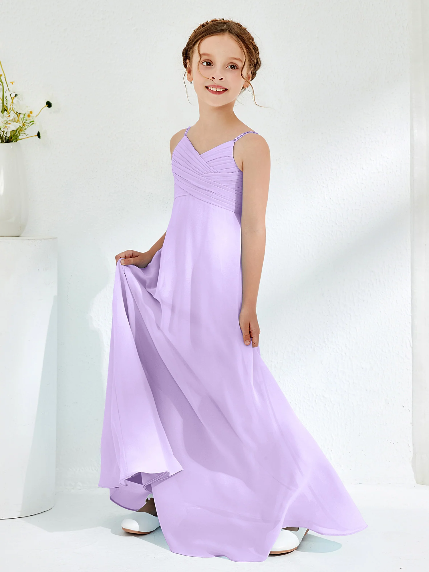 V-neck Spaghetti Straps Floor-length Junior Bridesmaid Dresses Lilac - Image 3