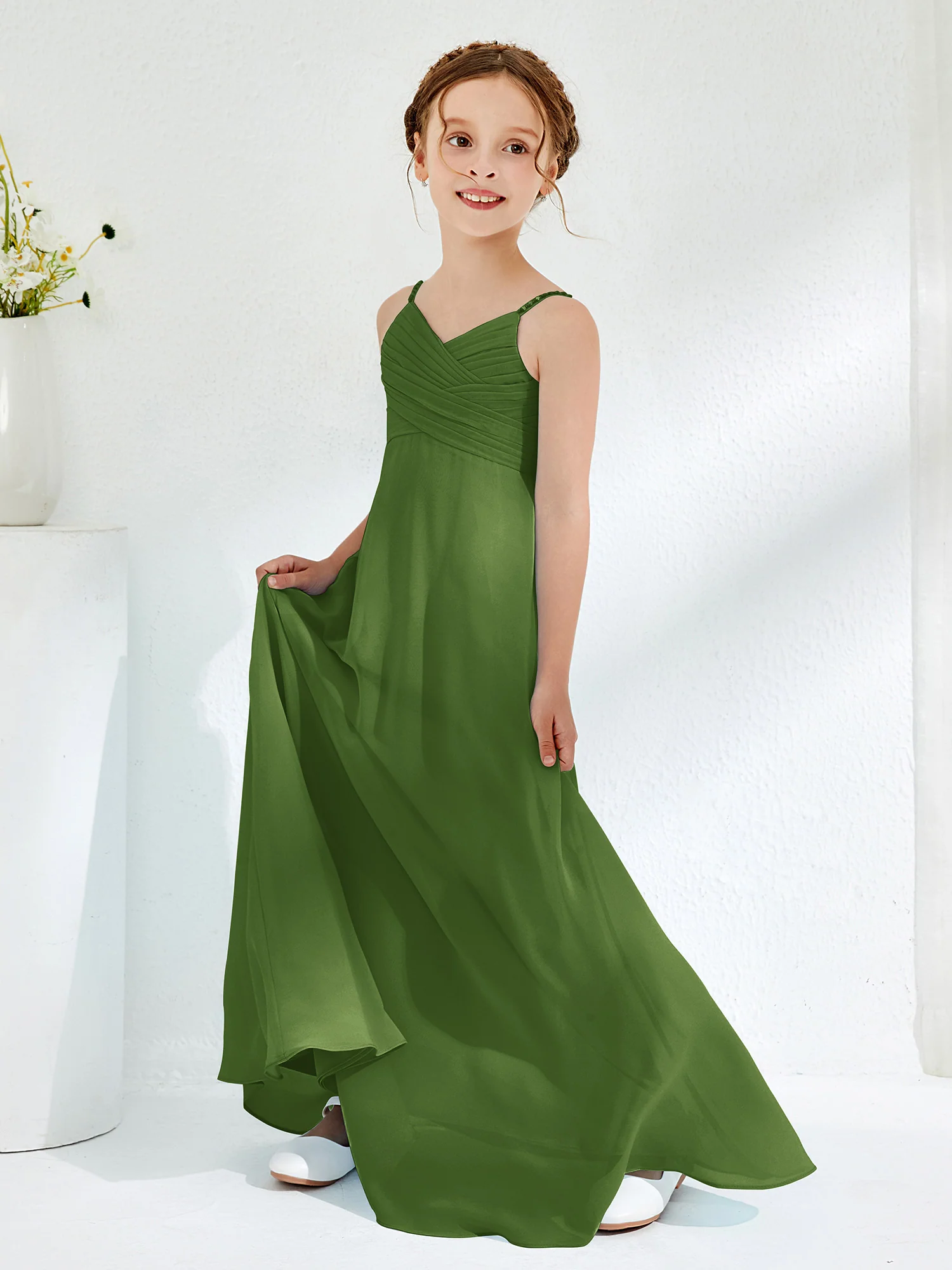 V-neck Spaghetti Straps Floor-length Junior Bridesmaid Dresses Moss - Image 3