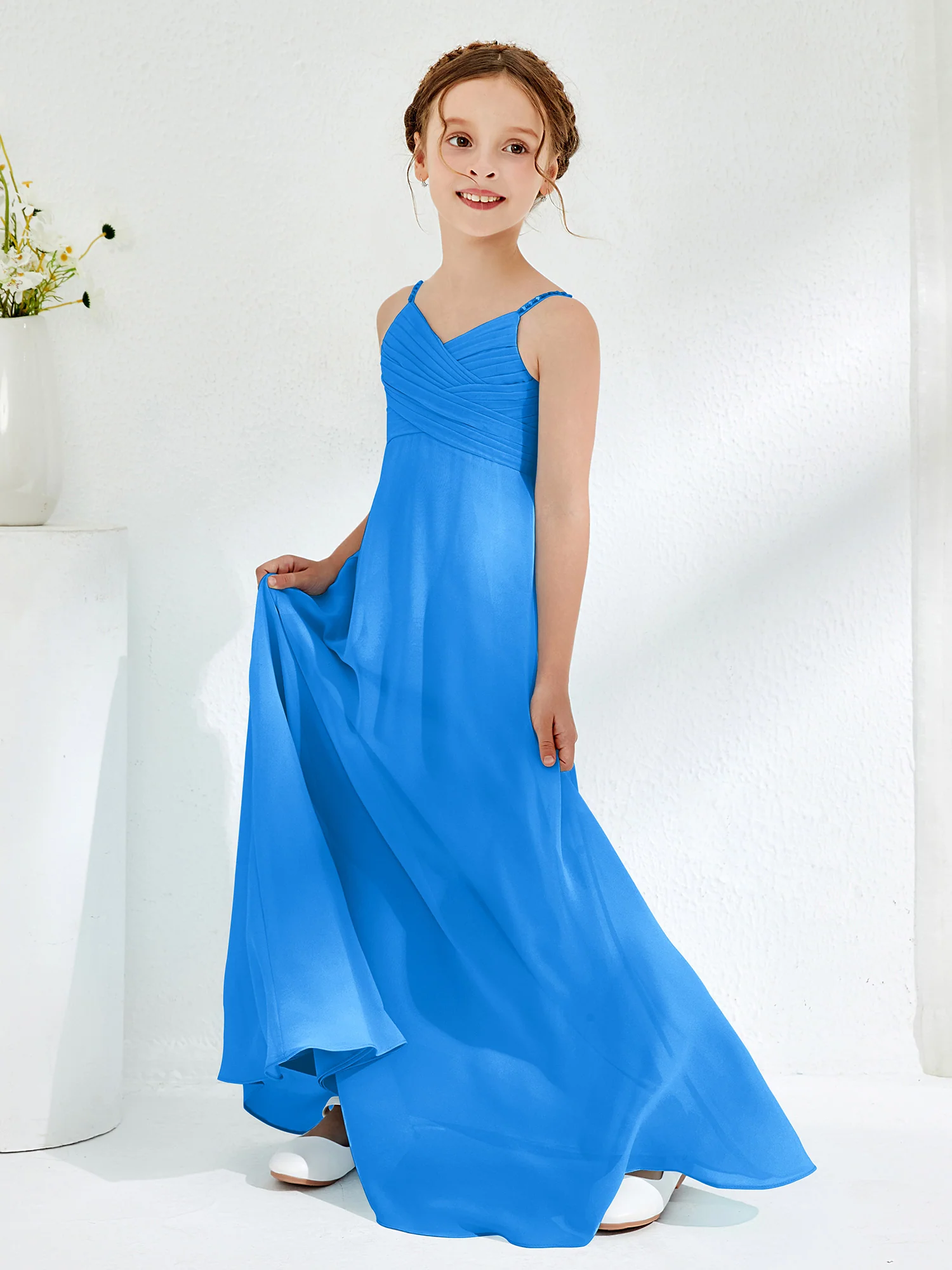 V-neck Spaghetti Straps Floor-length Junior Bridesmaid Dresses Ocean Blue - Image 3