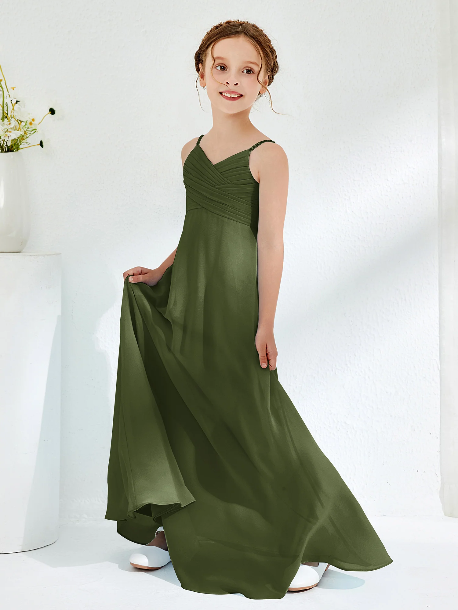 V-neck Spaghetti Straps Floor-length Junior Bridesmaid Dresses Olive Green - Image 3
