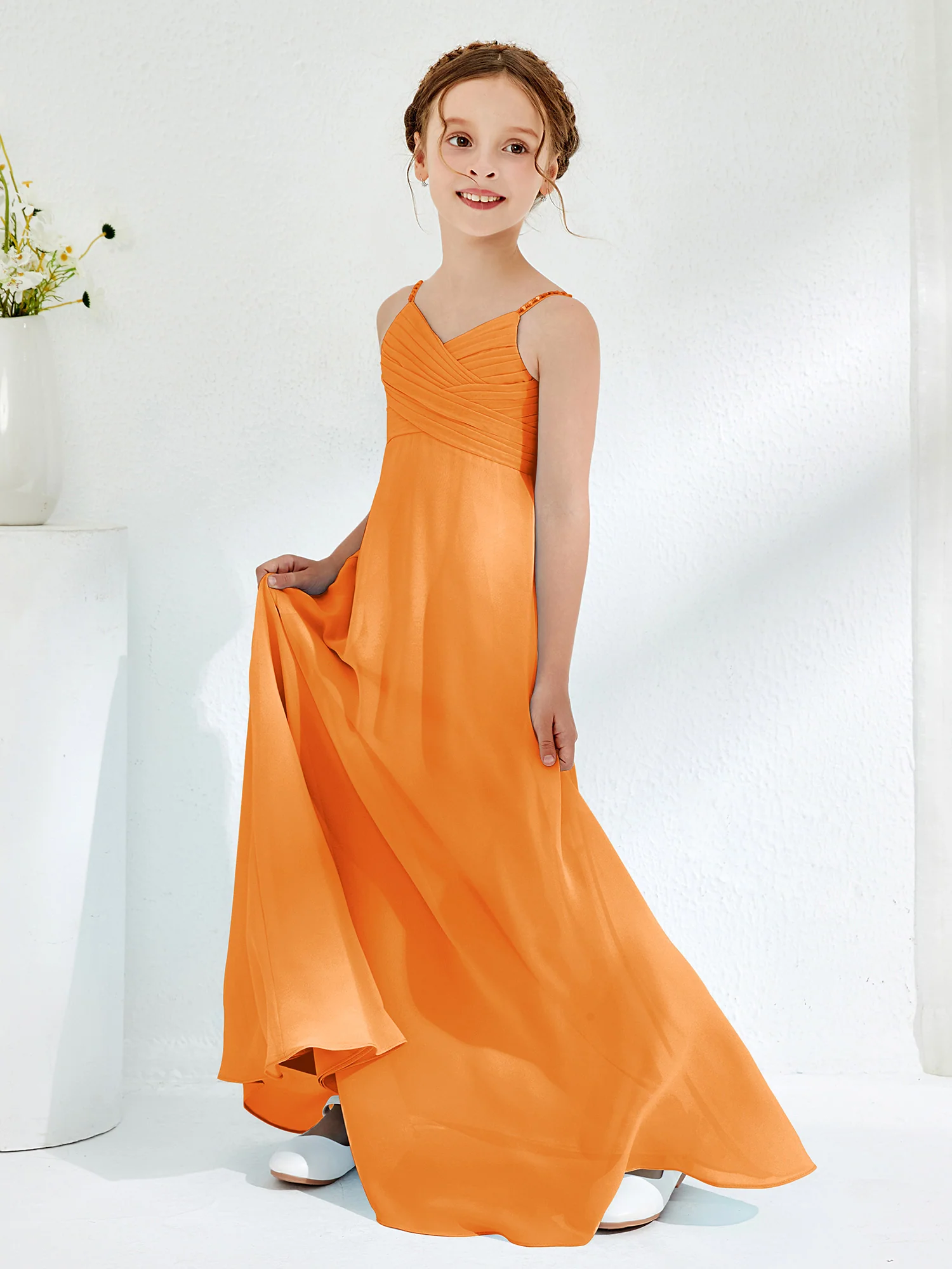 V-neck Spaghetti Straps Floor-length Junior Bridesmaid Dresses Orange - Image 3