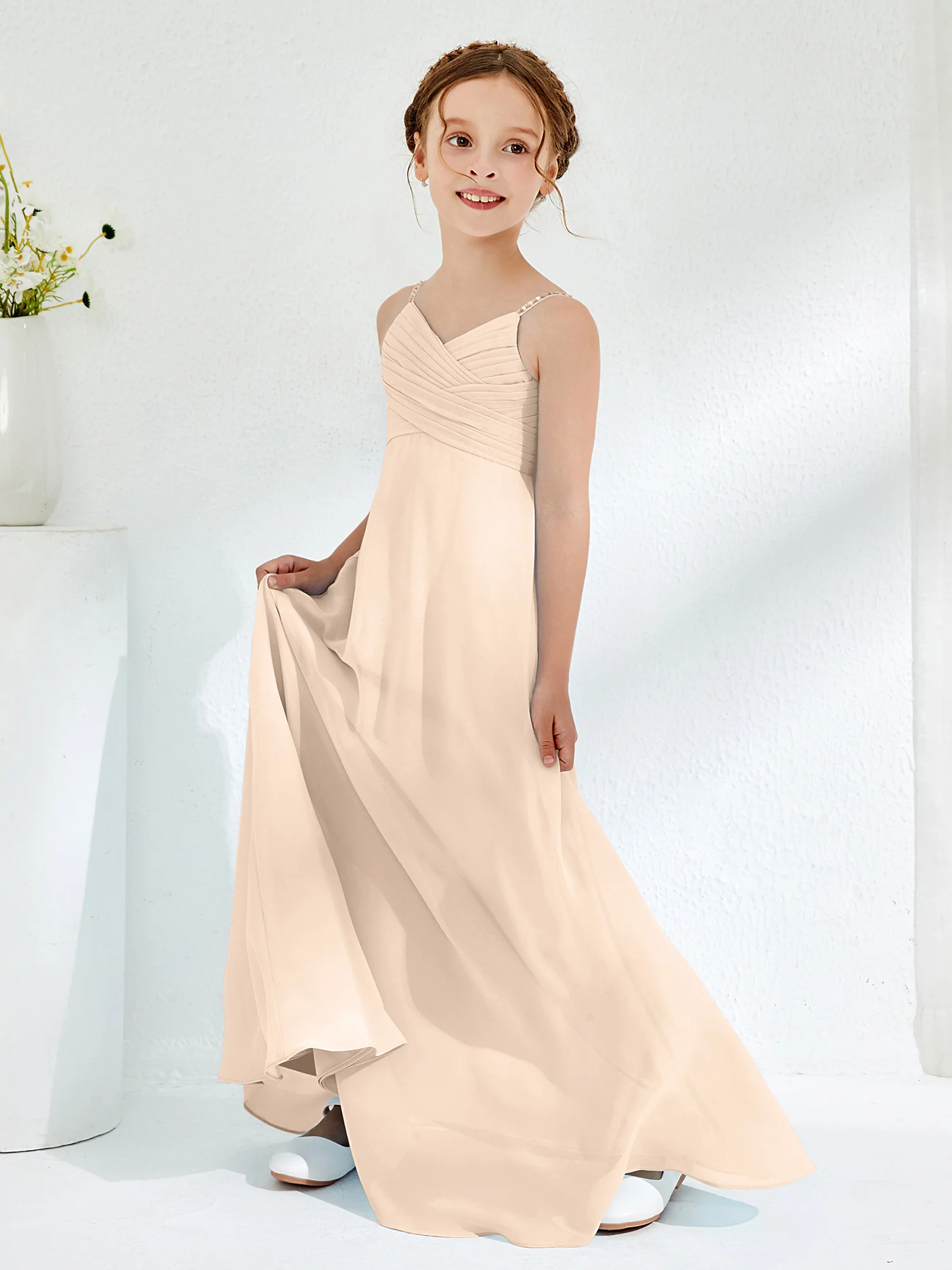 V-neck Spaghetti Straps Floor-length Junior Bridesmaid Dresses Peach - Image 3