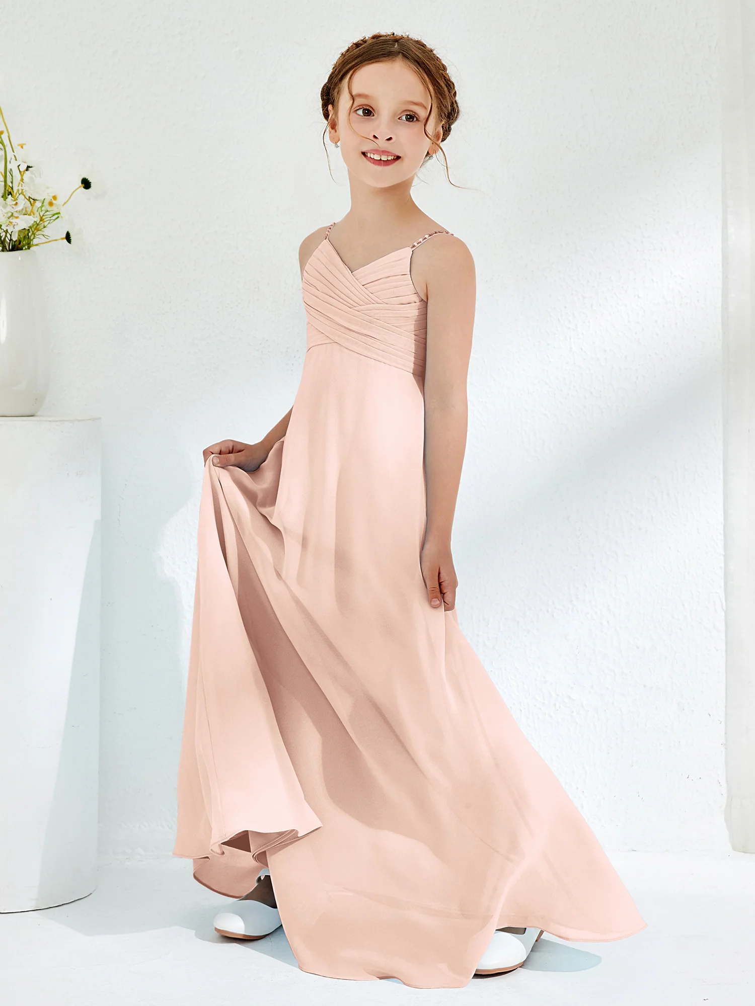 V-neck Spaghetti Straps Floor-length Junior Bridesmaid Dresses Pearl Pink - Image 3