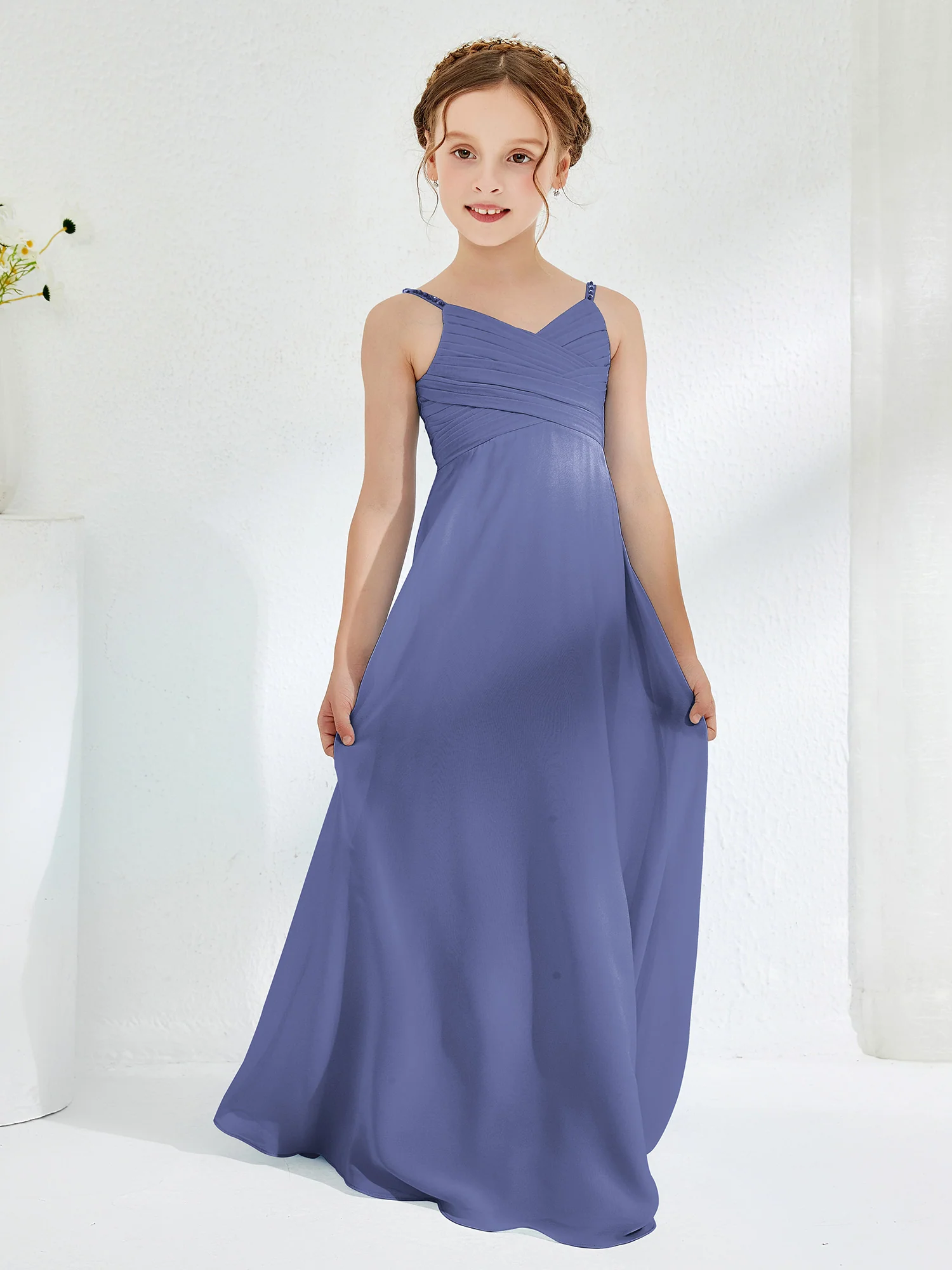 V-neck Spaghetti Straps Floor-length Junior Bridesmaid Dresses Periwinkle