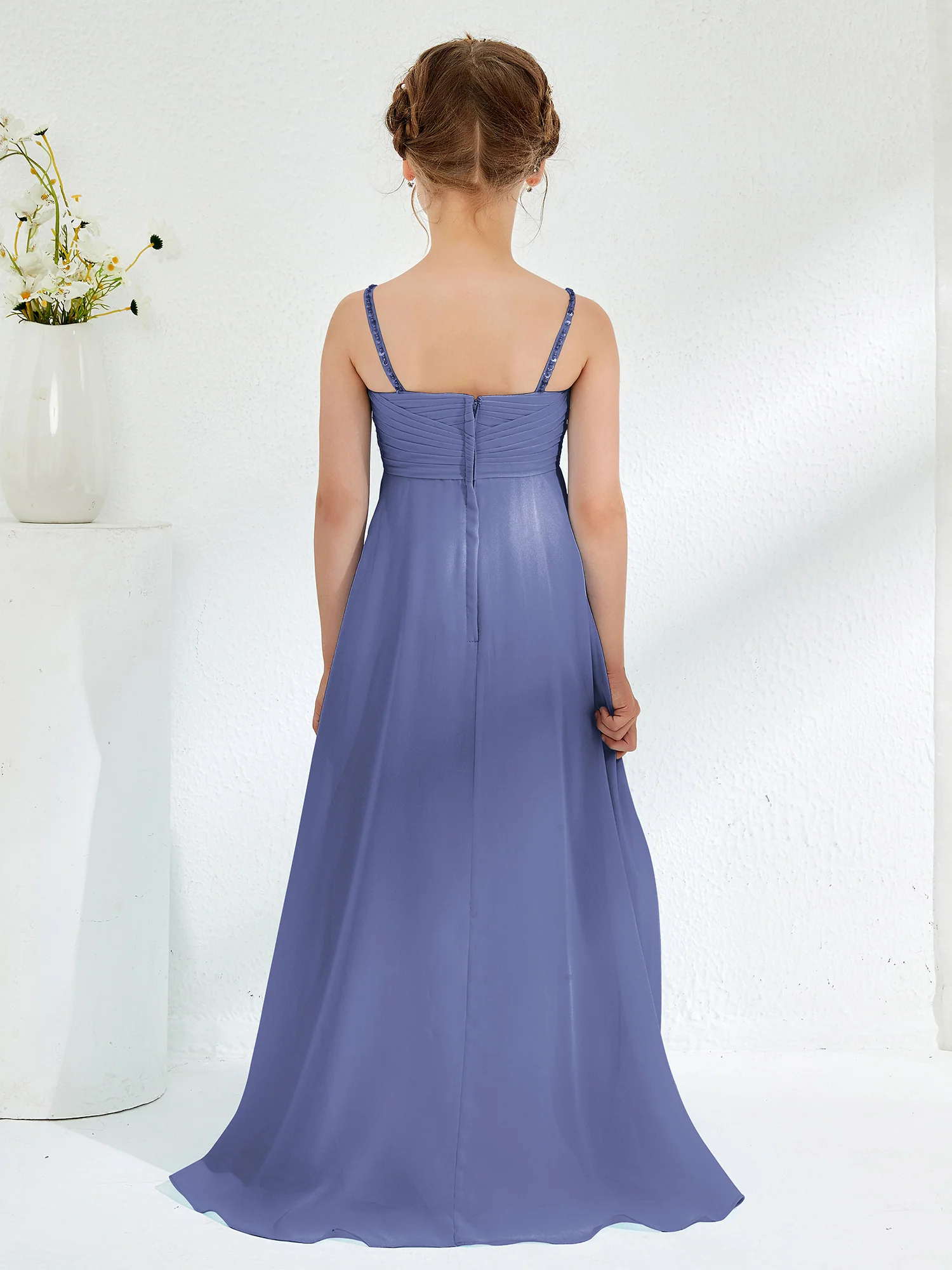 V-neck Spaghetti Straps Floor-length Junior Bridesmaid Dresses Periwinkle - Image 2