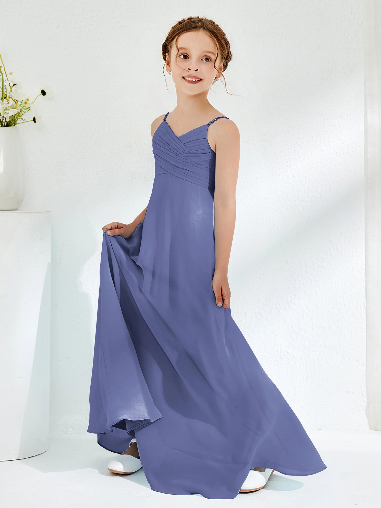 V-neck Spaghetti Straps Floor-length Junior Bridesmaid Dresses Periwinkle - Image 3