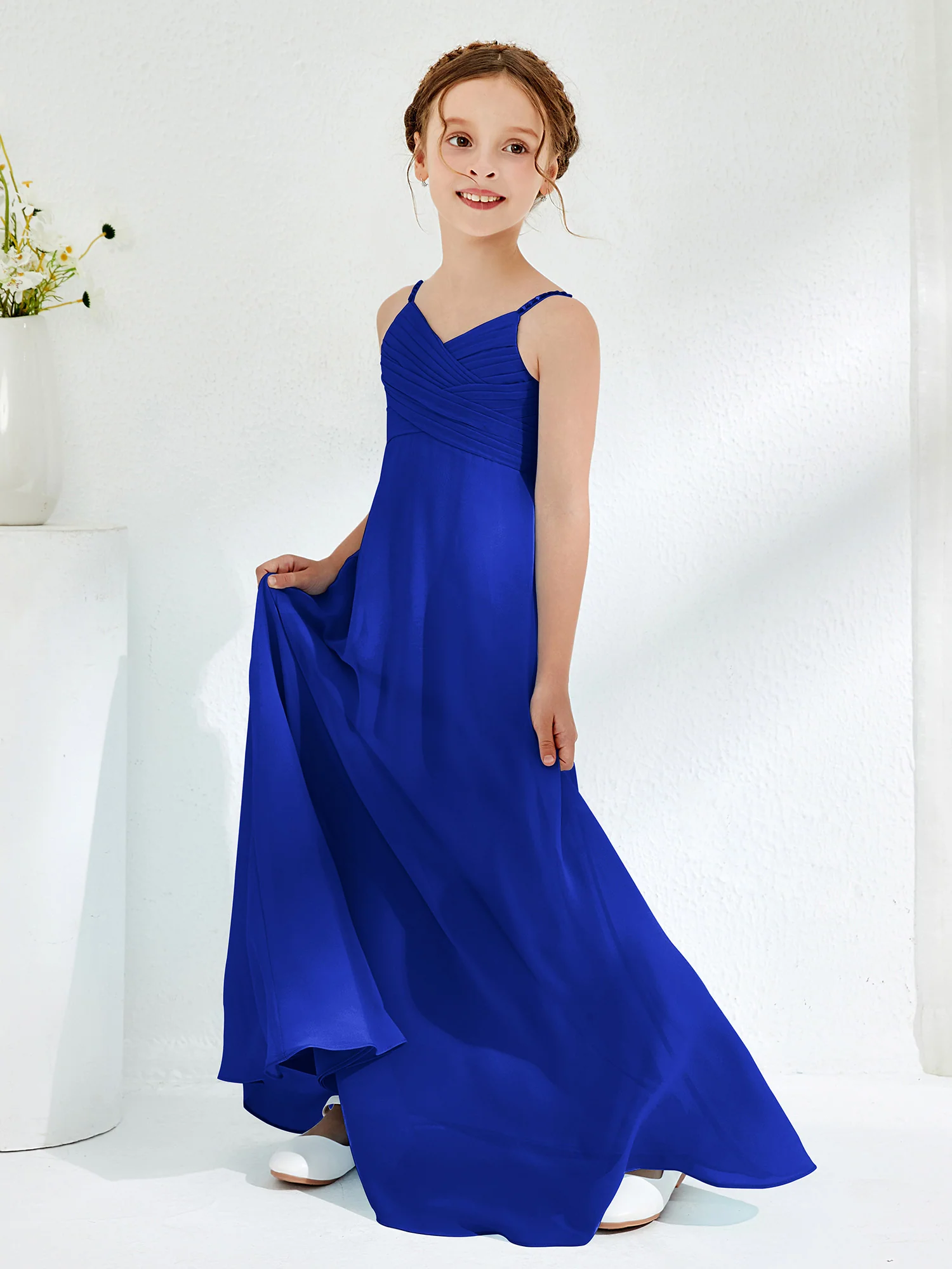 V-neck Spaghetti Straps Floor-length Junior Bridesmaid Dresses Royal Blue - Image 3