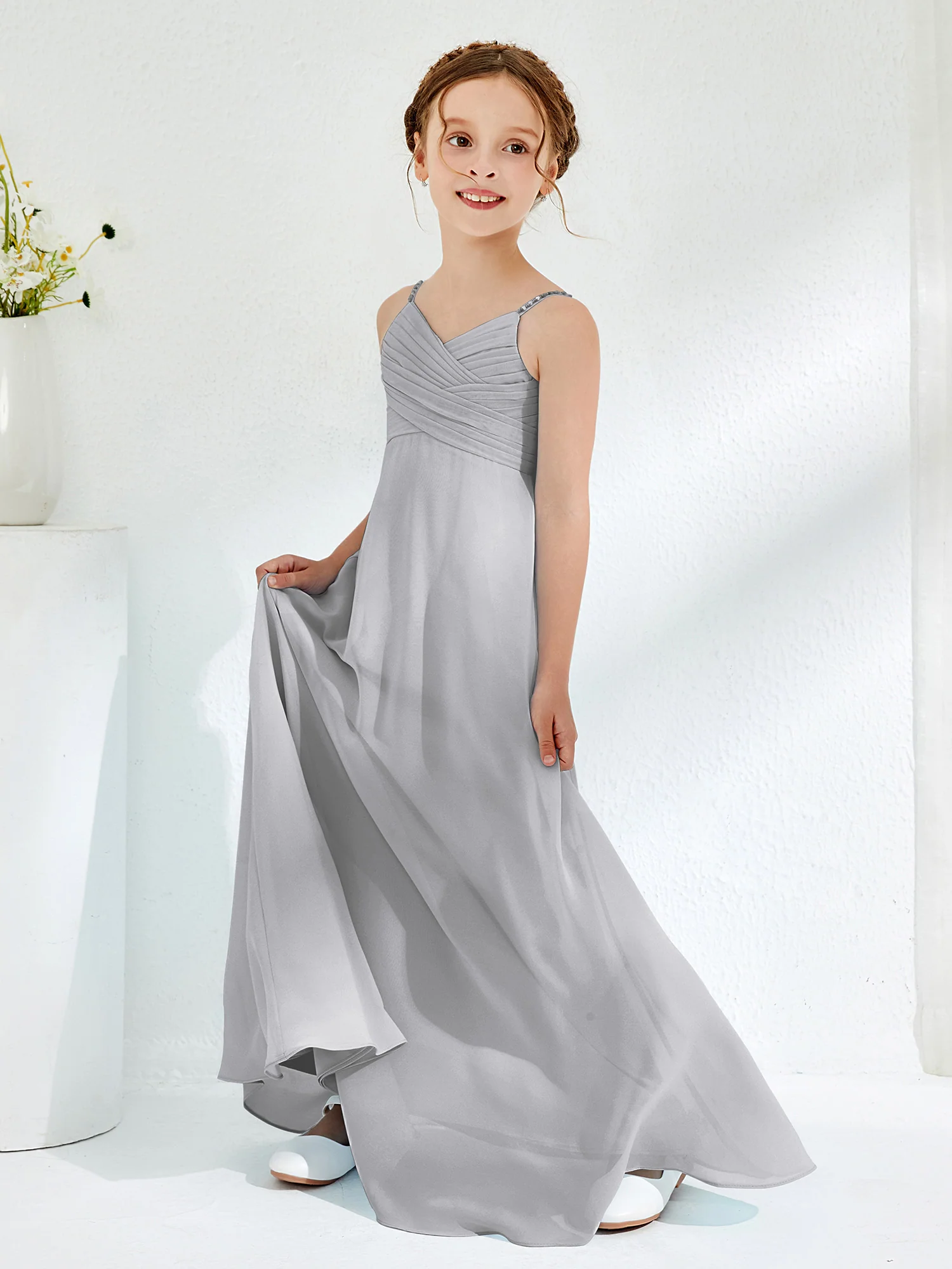 V-neck Spaghetti Straps Floor-length Junior Bridesmaid Dresses Silver - Image 3