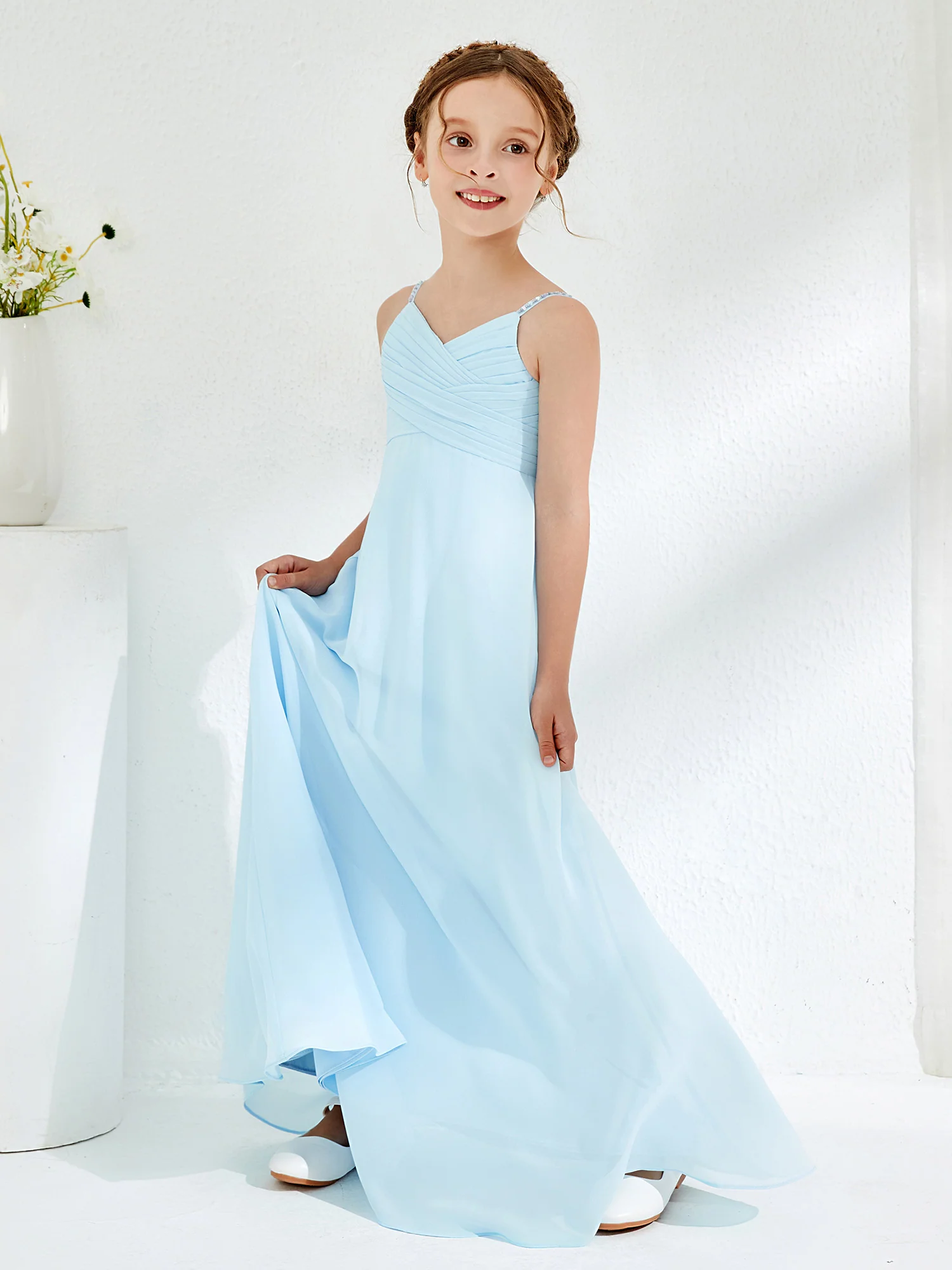 V-neck Spaghetti Straps Floor-length Junior Bridesmaid Dresses Sky Blue - Image 3