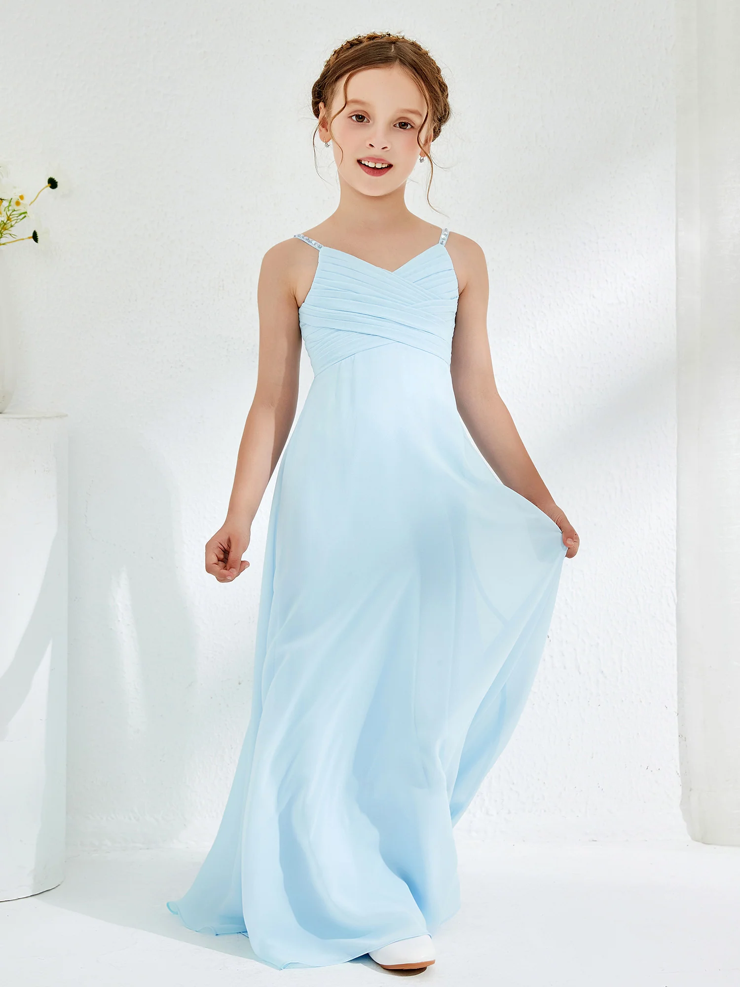 V-neck Spaghetti Straps Floor-length Junior Bridesmaid Dresses Sky Blue - Image 4