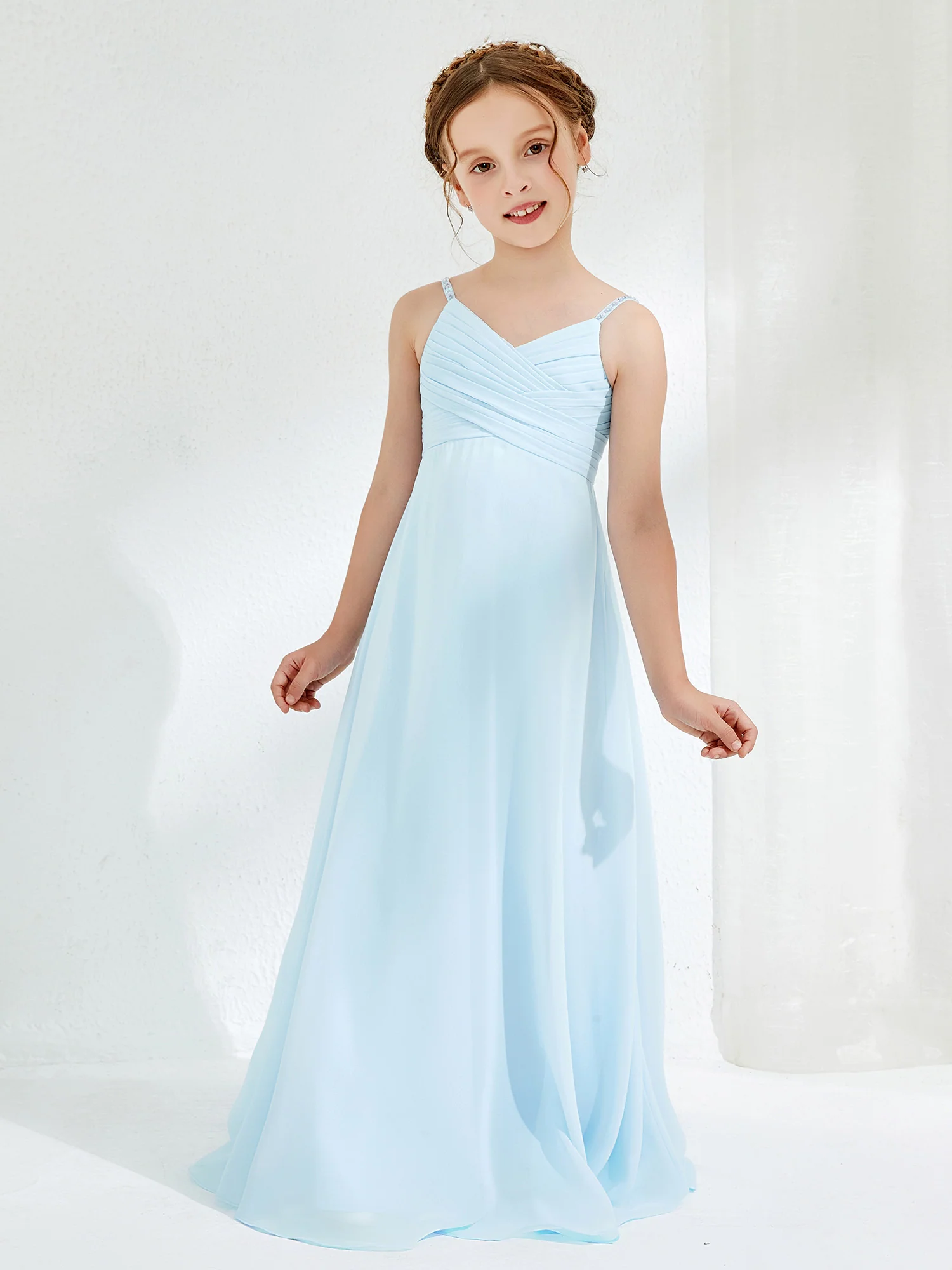 V-neck Spaghetti Straps Floor-length Junior Bridesmaid Dresses Sky Blue - Image 5