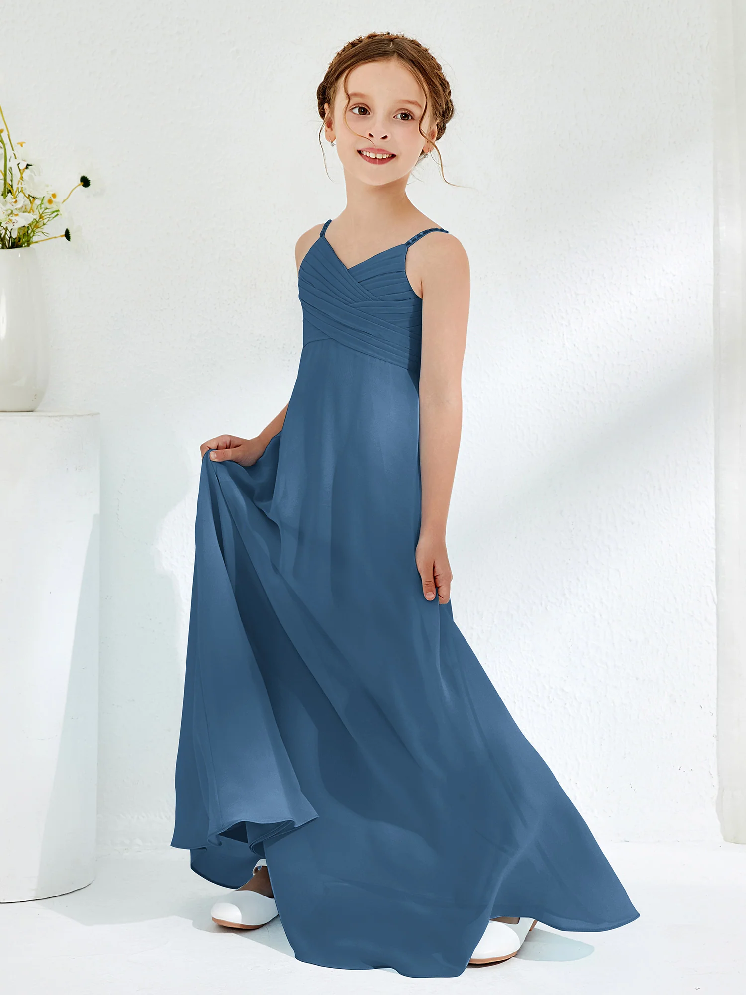 V-neck Spaghetti Straps Floor-length Junior Bridesmaid Dresses Slate Blue - Image 3