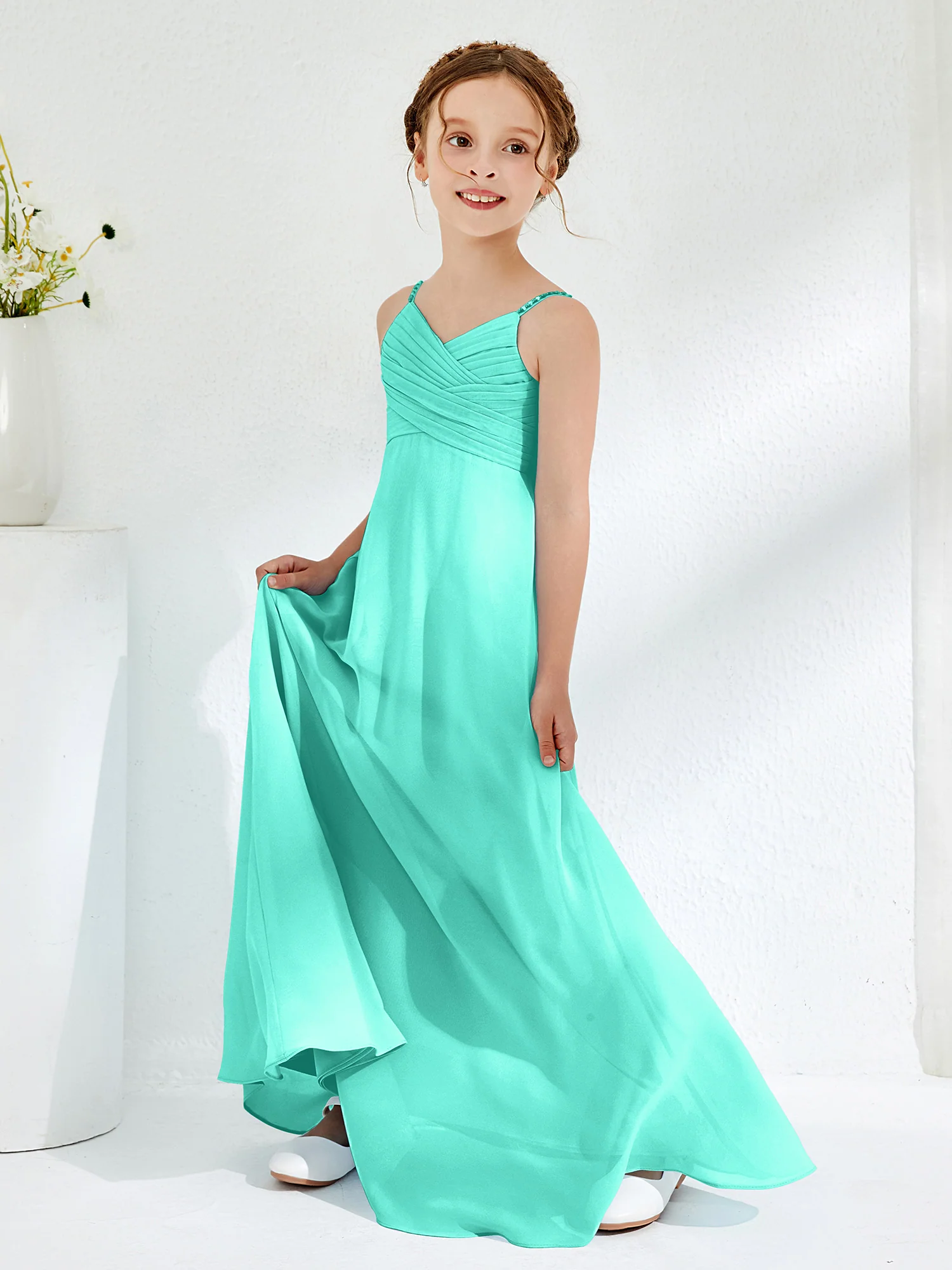 V-neck Spaghetti Straps Floor-length Junior Bridesmaid Dresses Spa - Image 3
