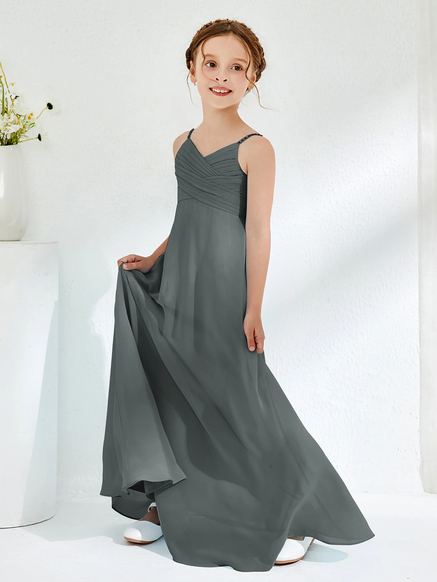 V-neck Spaghetti Straps Floor-length Junior Bridesmaid Dresses Steel Grey - Image 3