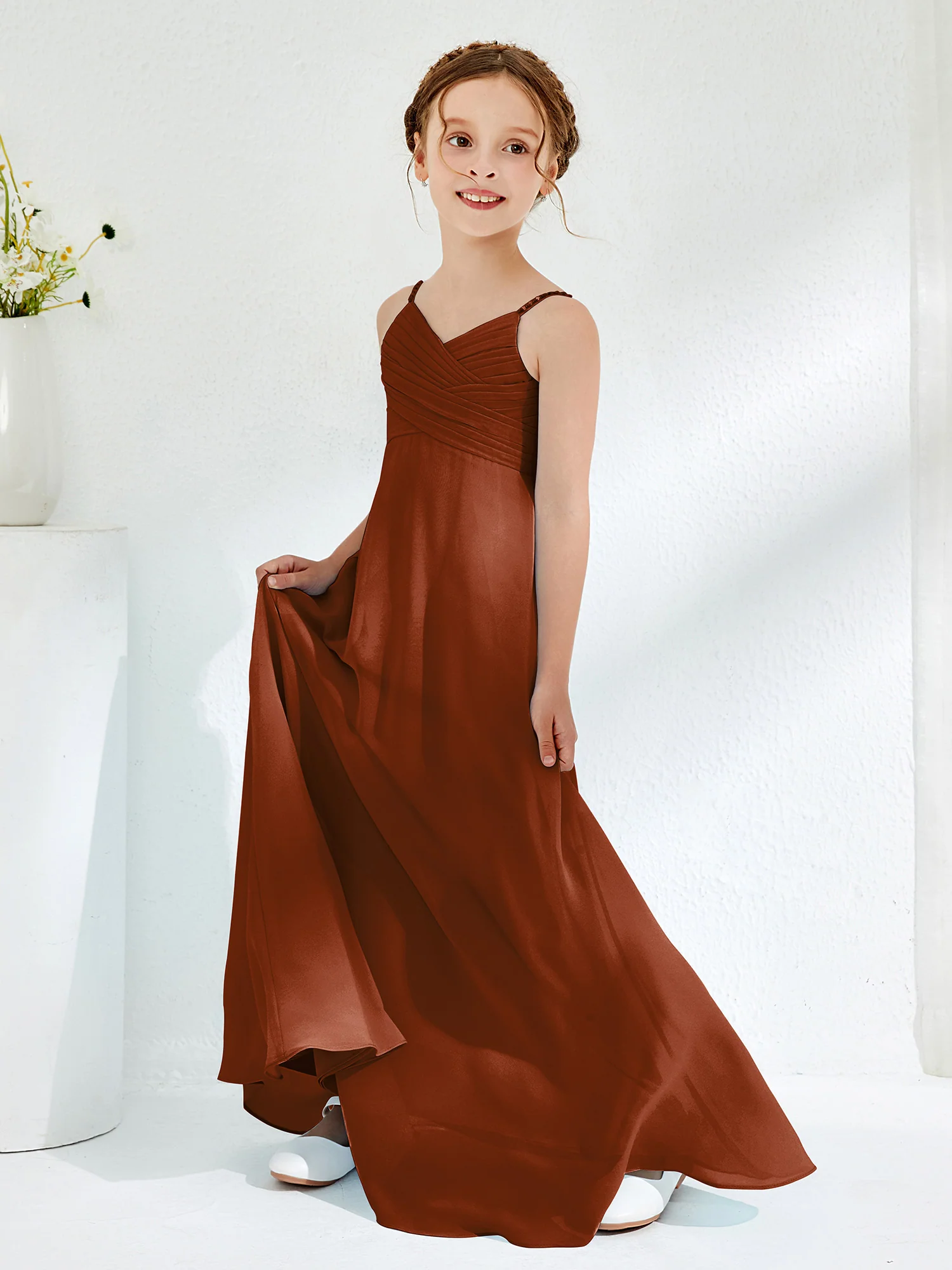 V-neck Spaghetti Straps Floor-length Junior Bridesmaid Dresses Terracotta - Image 3