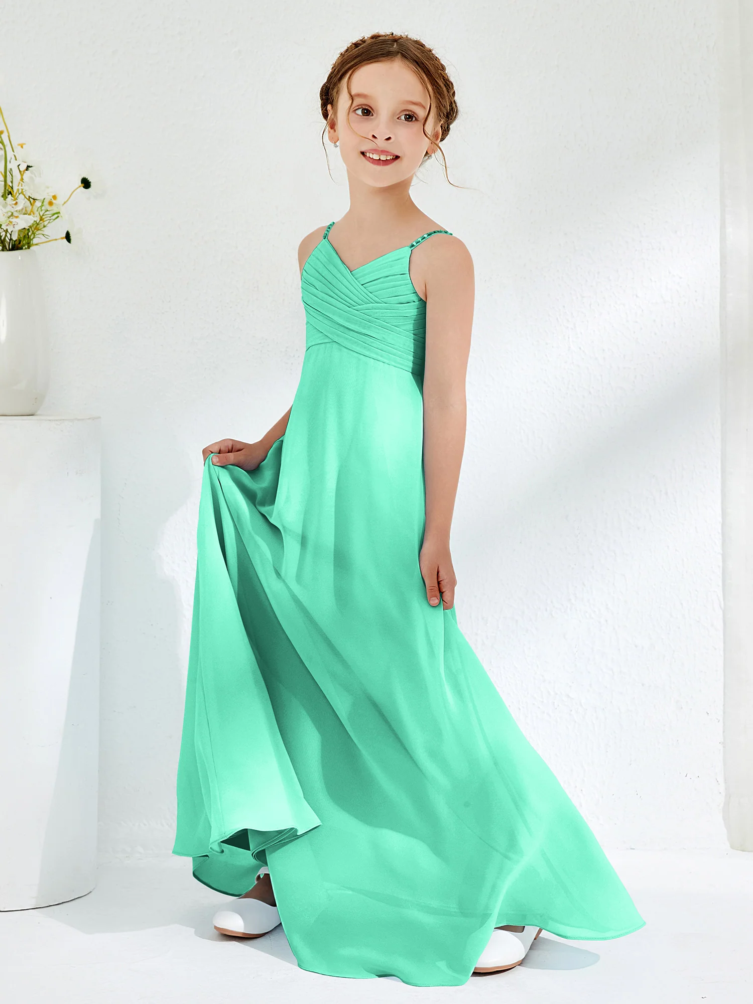 V-neck Spaghetti Straps Floor-length Junior Bridesmaid Dresses Turquoise - Image 3