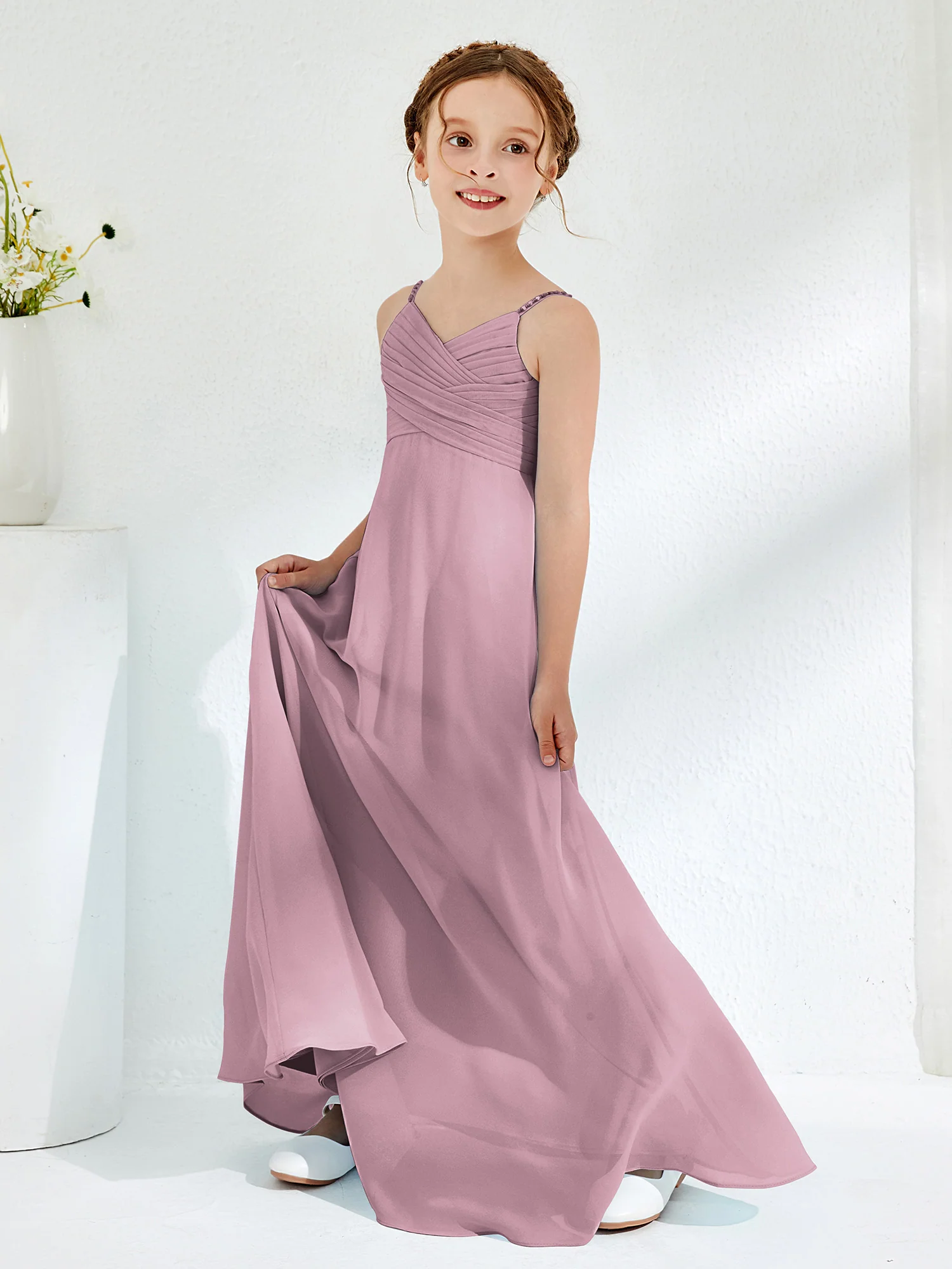 V-neck Spaghetti Straps Floor-length Junior Bridesmaid Dresses Vintage Mauve - Image 3