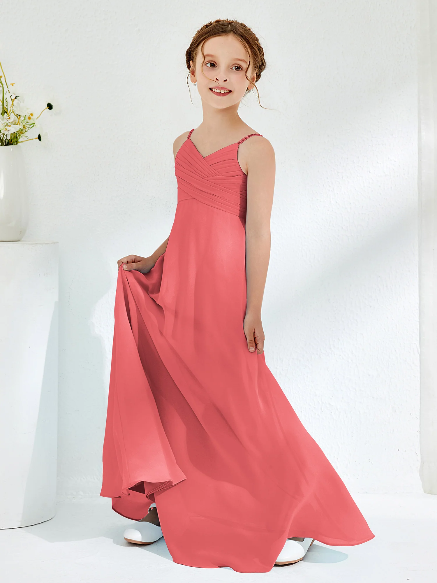 V-neck Spaghetti Straps Floor-length Junior Bridesmaid Dresses Watermelon - Image 3