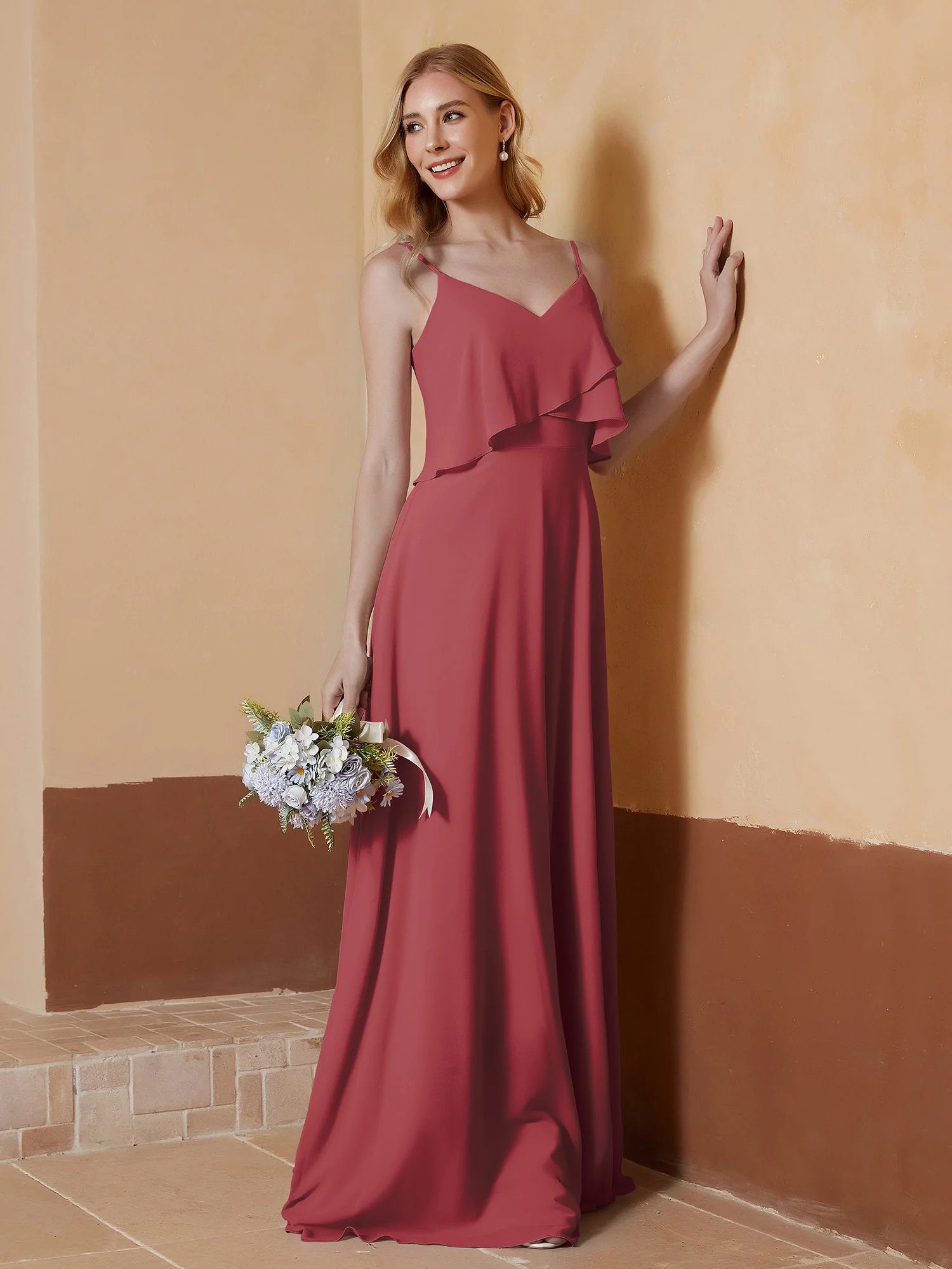 V-neck Spaghetti Straps Ruffles Chiffon A-line Dress Cinnamon Rose - Image 3