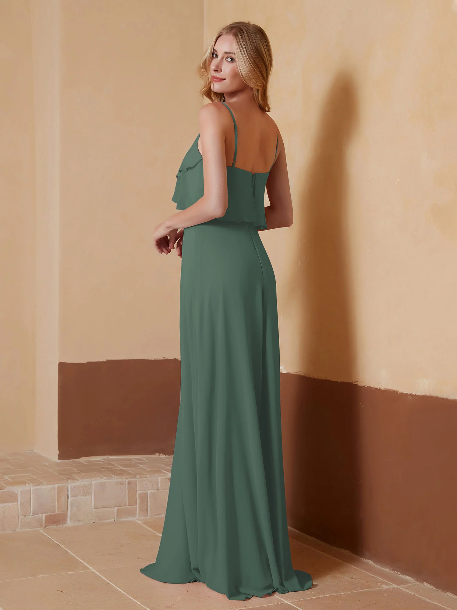 V-neck Spaghetti Straps Ruffles Chiffon A-line Dress Eucalyptus - Image 2