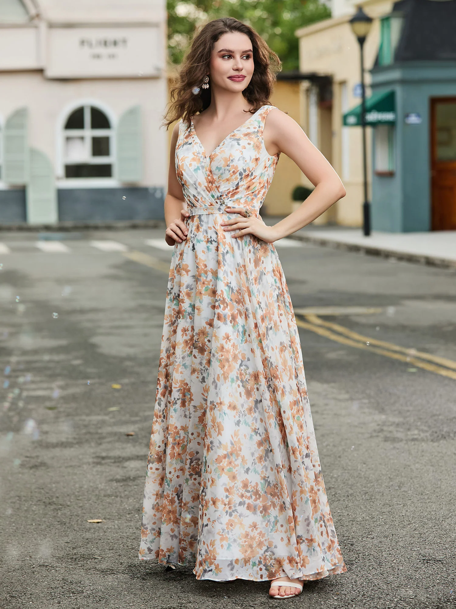 V Neckline Chiffon Bridesmaid Dresses Sunset Floral - Image 3
