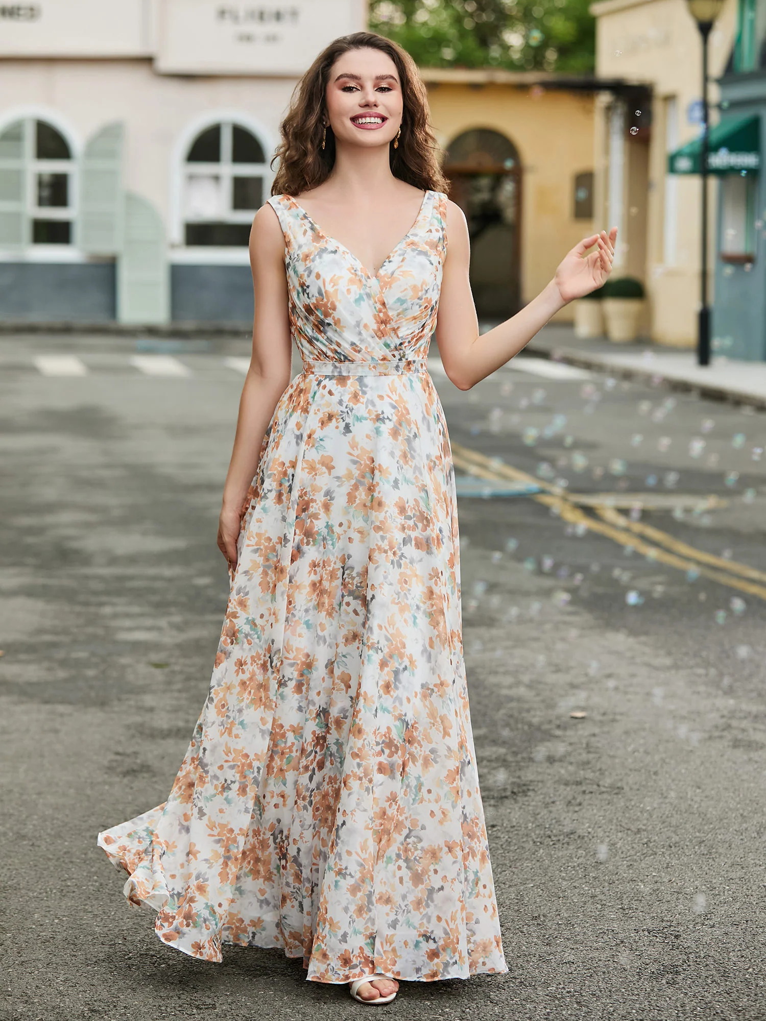 V Neckline Chiffon Bridesmaid Dresses Sunset Floral - Image 4