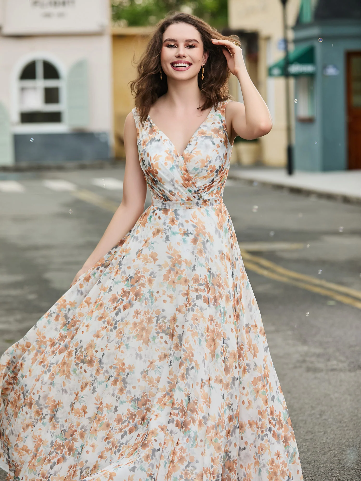V Neckline Chiffon Bridesmaid Dresses Sunset Floral - Image 5