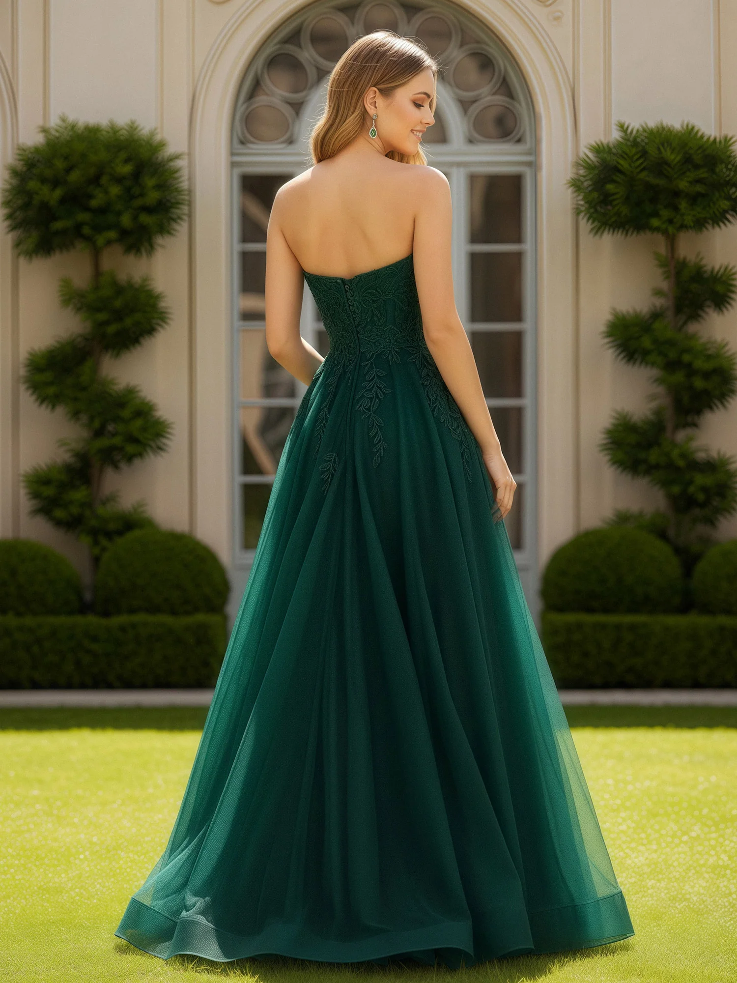 Appliqued Sweetheart A-Line Floor Length Tulle Dress Dark Green - Image 2