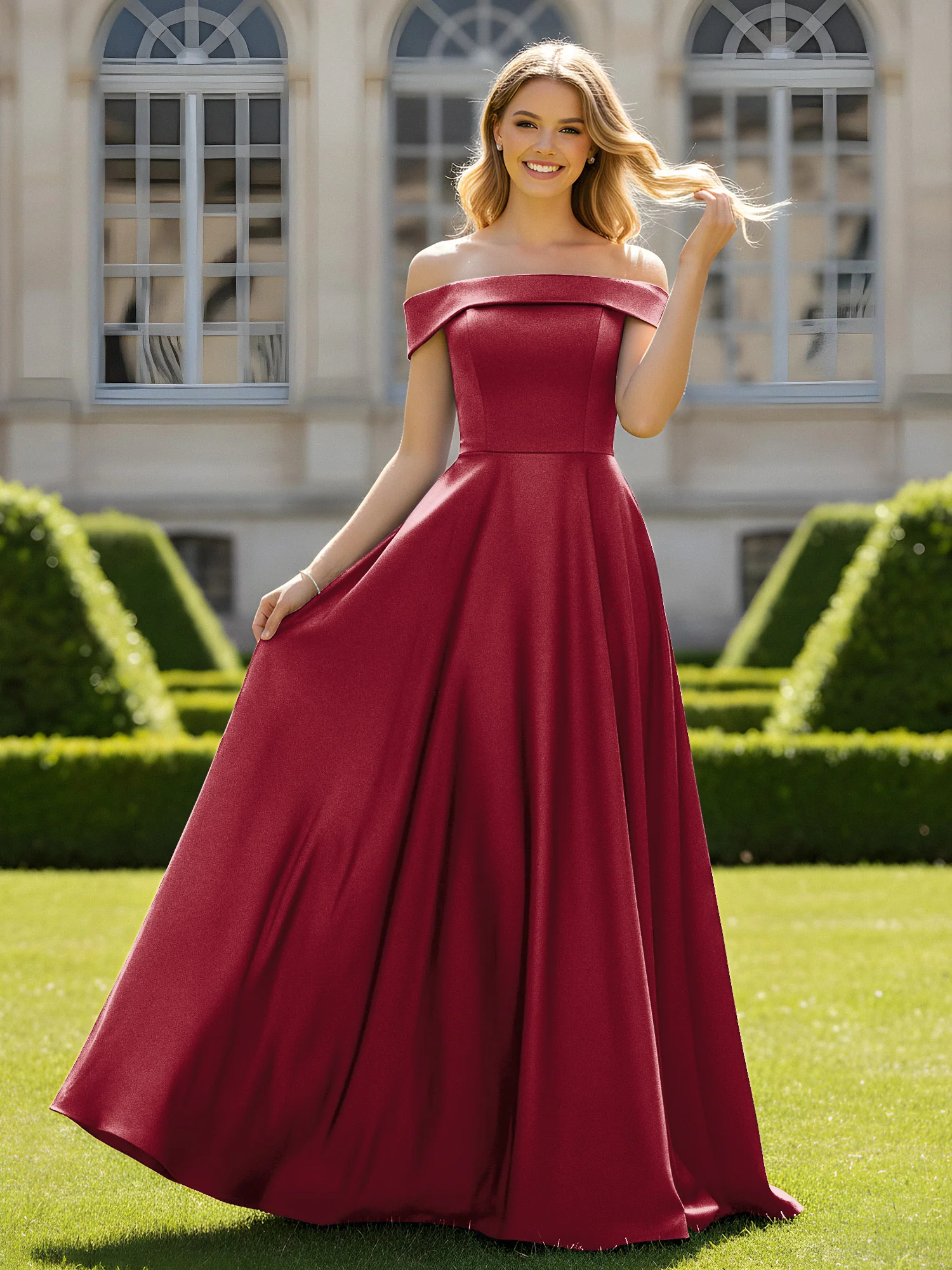 Off-The-Shoulder A-Line Satin Minimal Dress Burgundy
