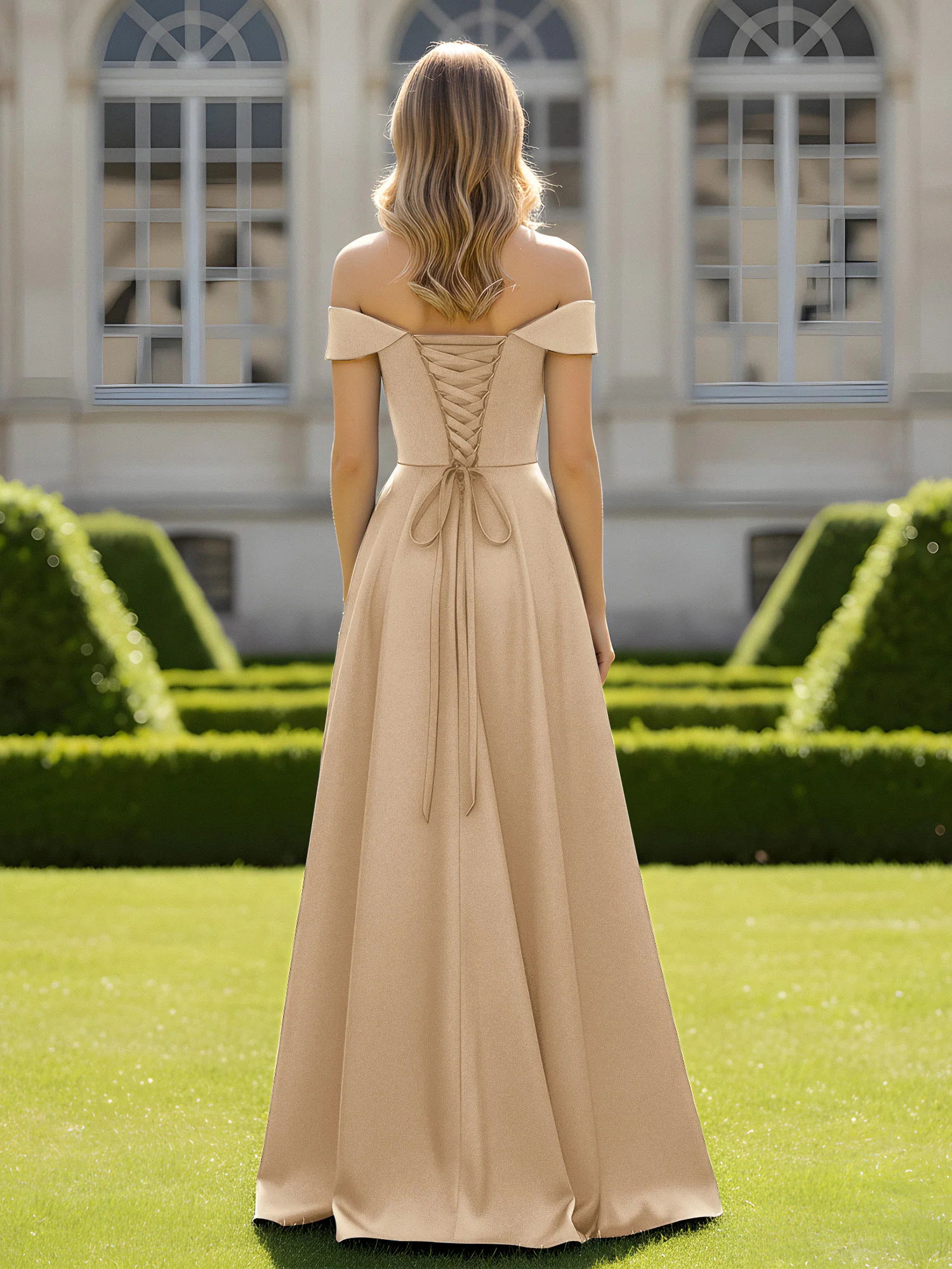 Off-The-Shoulder A-Line Satin Minimal Dress Champagne - Image 2