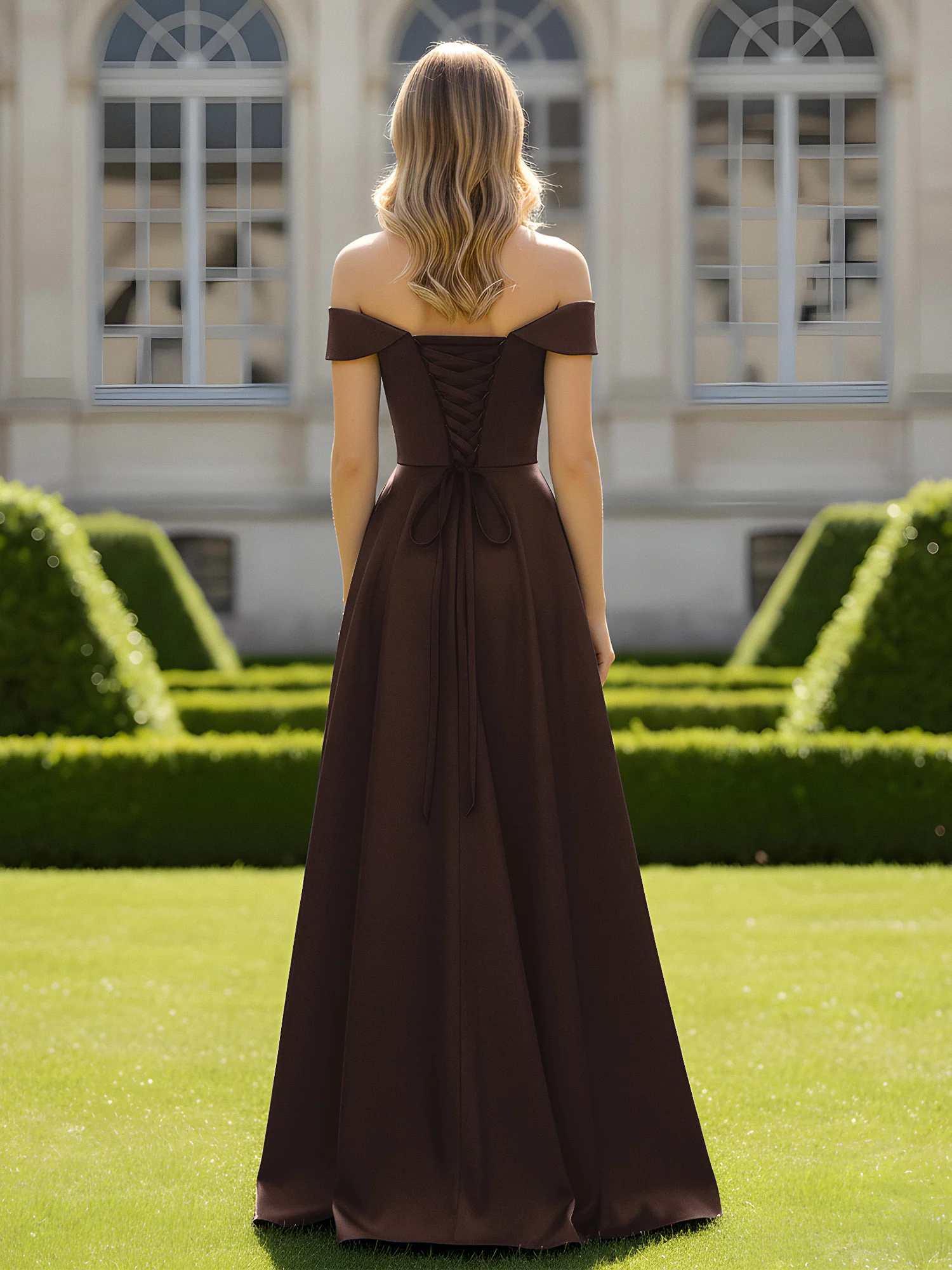Off-The-Shoulder A-Line Satin Minimal Dress Chocolate - Image 2