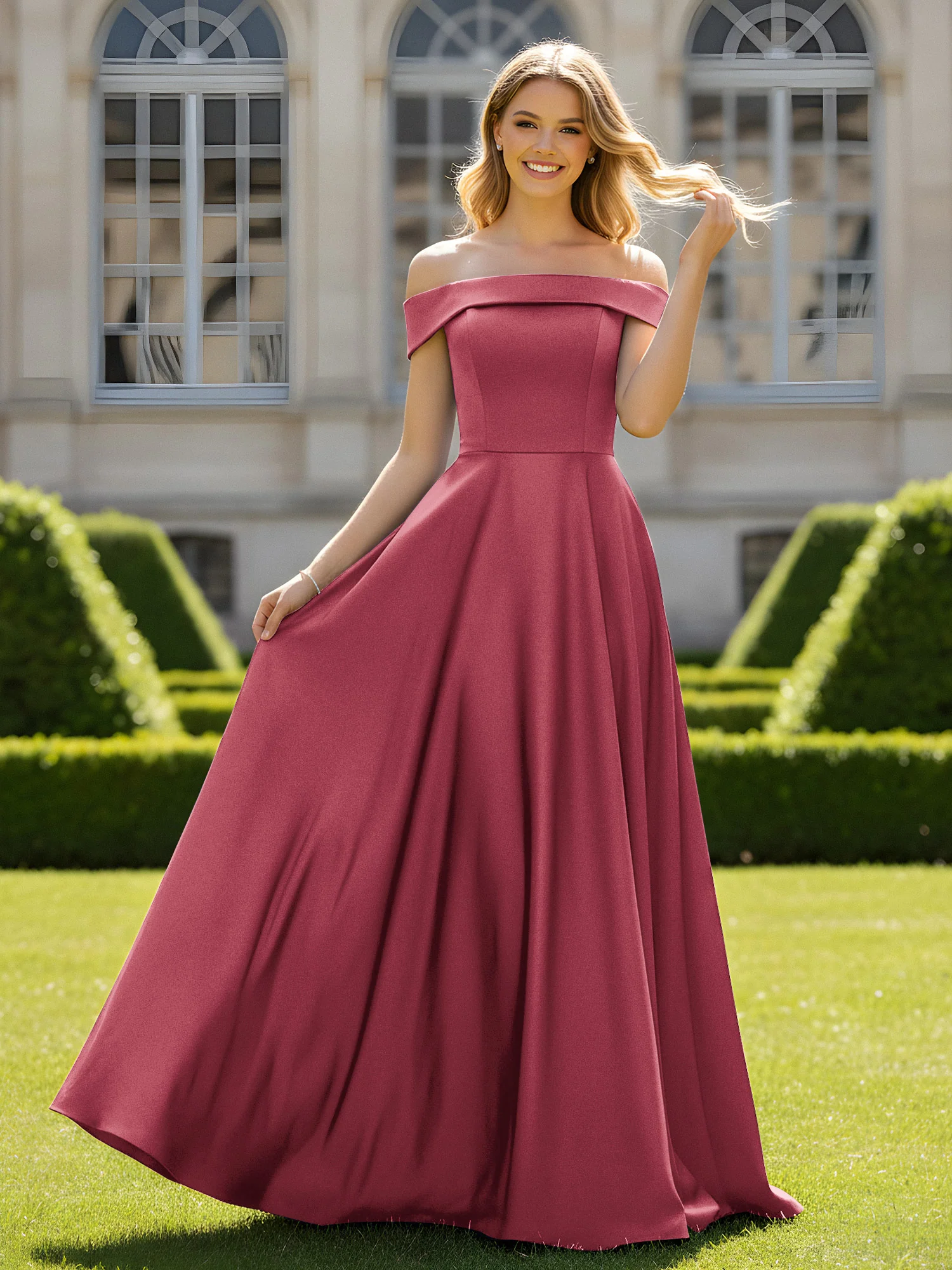 Off-The-Shoulder A-Line Satin Minimal Dress Cinnamon Rose