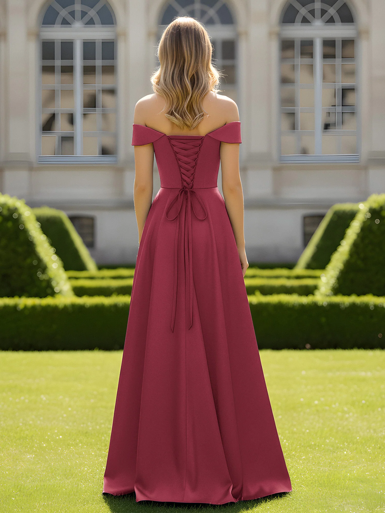 Off-The-Shoulder A-Line Satin Minimal Dress Cinnamon Rose - Image 2