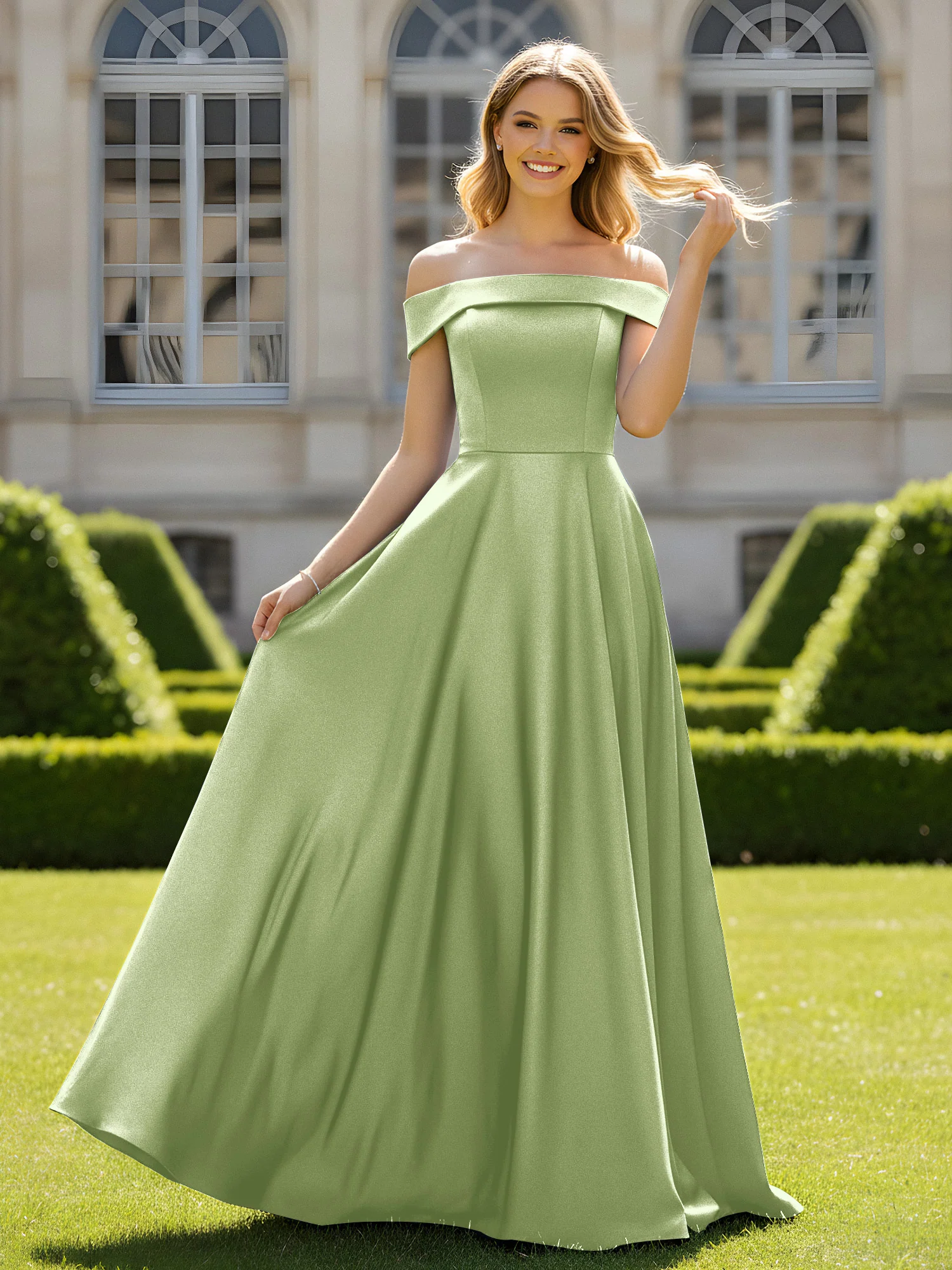 Off-The-Shoulder A-Line Satin Minimal Dress Dusty Sage