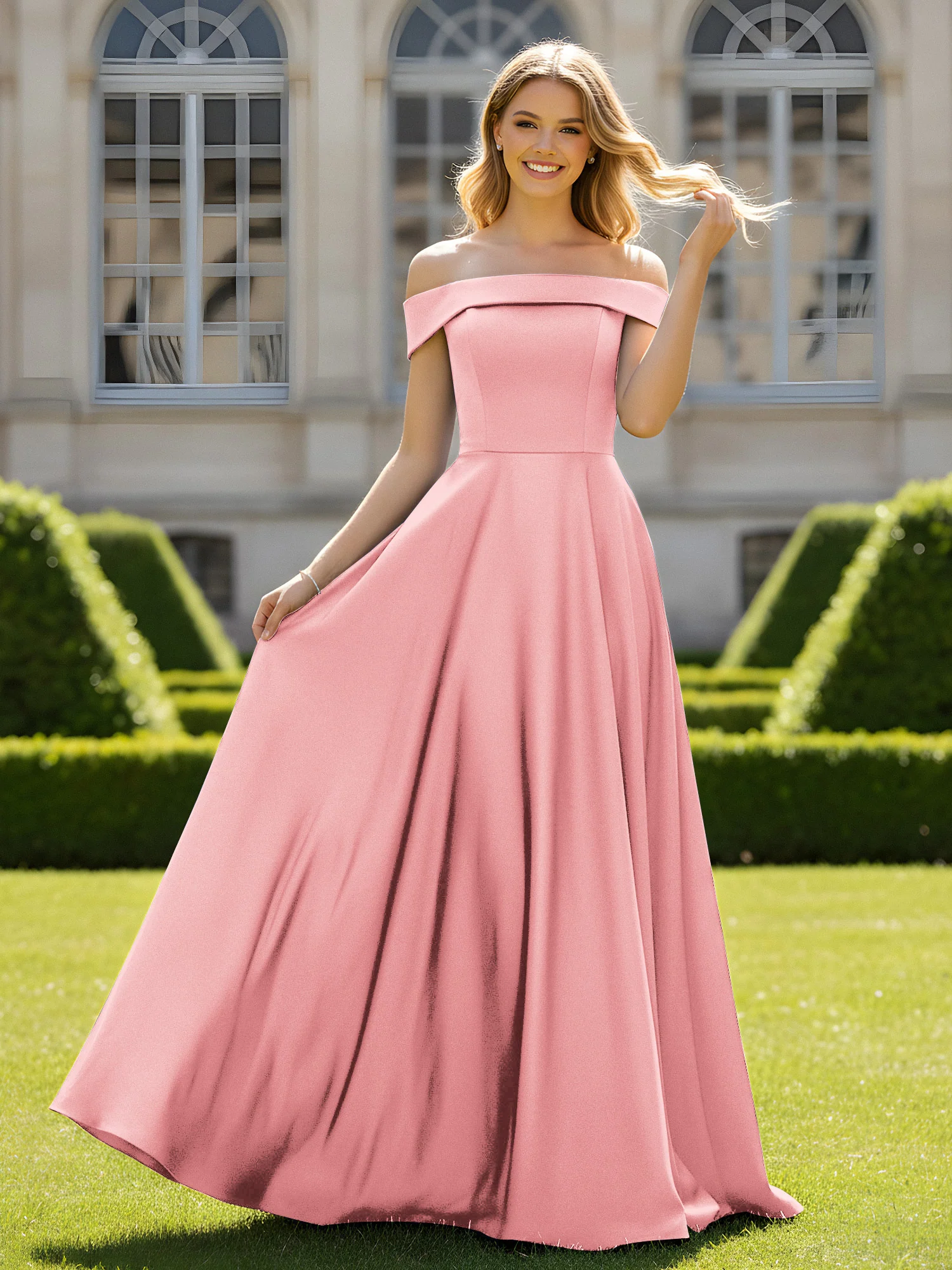 Off-The-Shoulder A-Line Satin Minimal Dress Flamingo