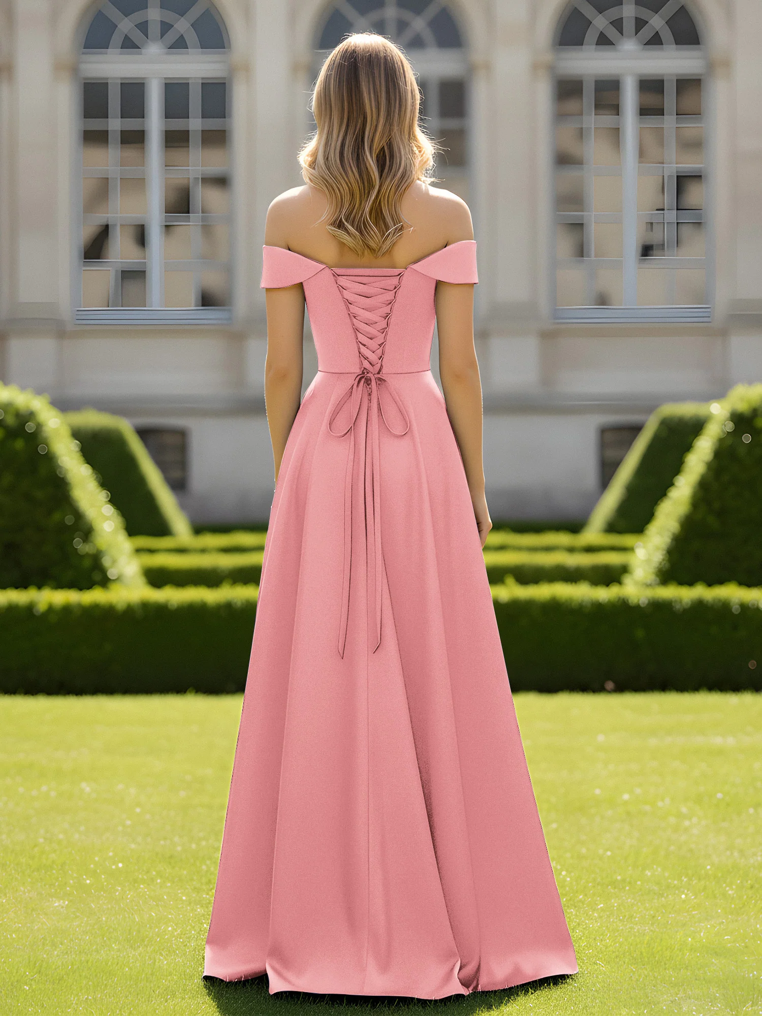 Off-The-Shoulder A-Line Satin Minimal Dress Flamingo - Image 2