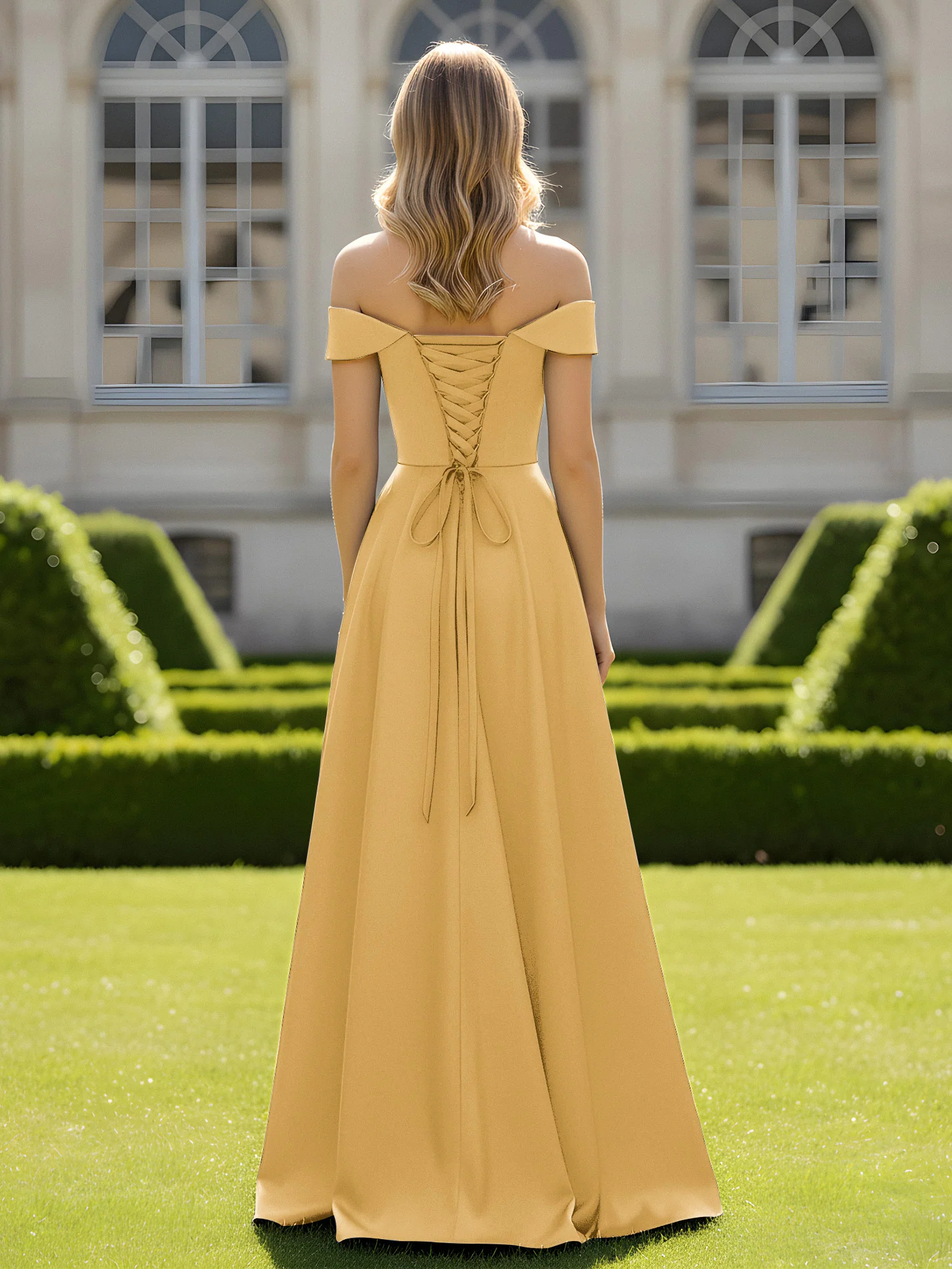 Off-The-Shoulder A-Line Satin Minimal Dress Gold - Image 2