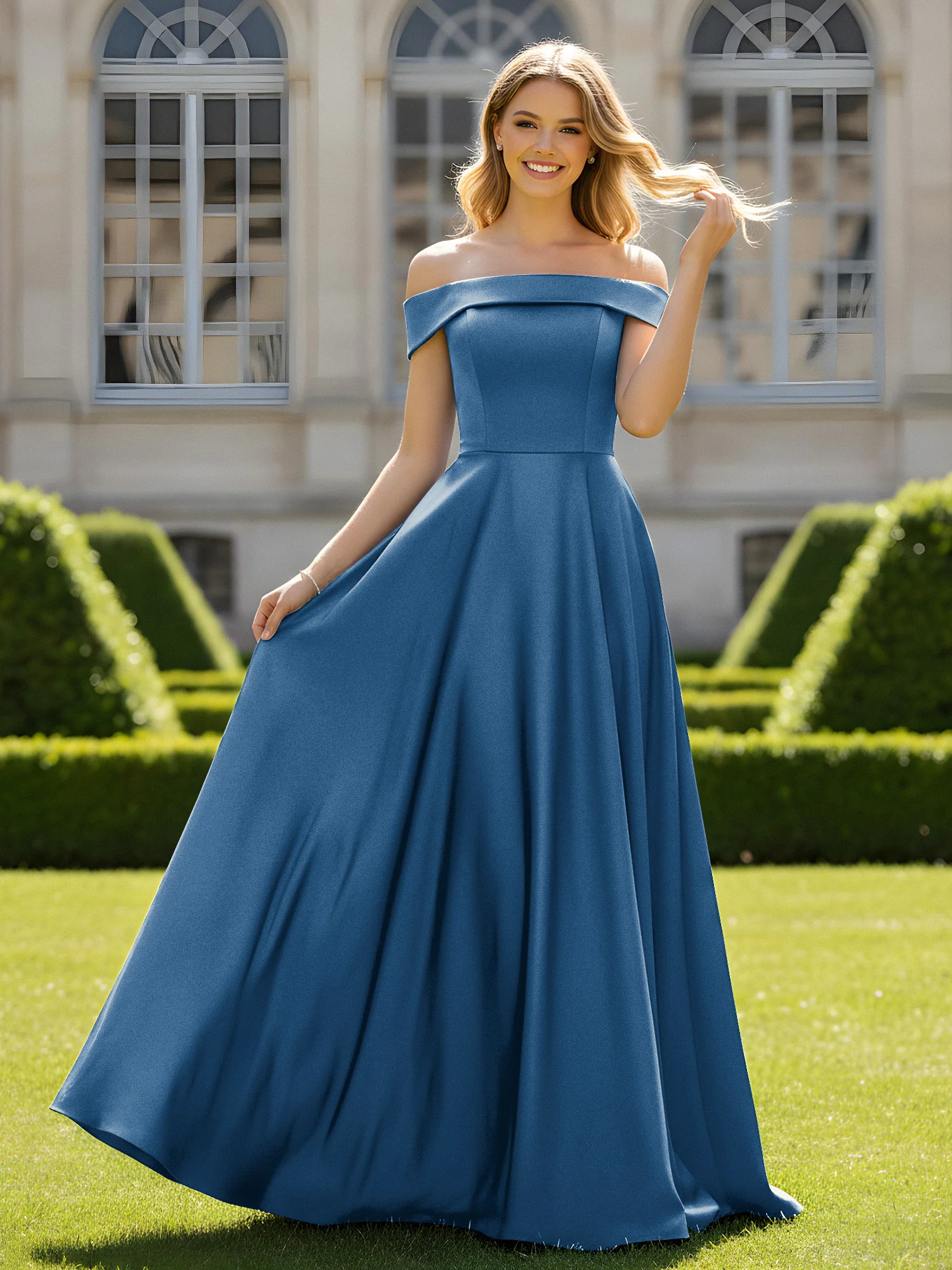 Off-The-Shoulder A-Line Satin Minimal Dress Ink Blue