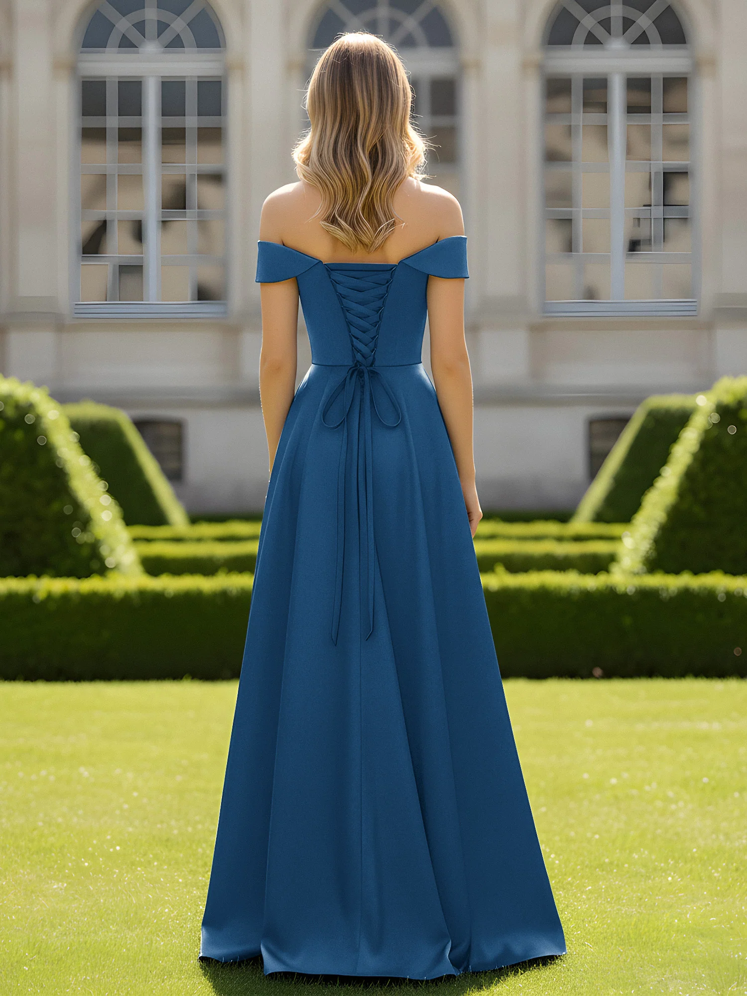 Off-The-Shoulder A-Line Satin Minimal Dress Ink Blue - Image 2