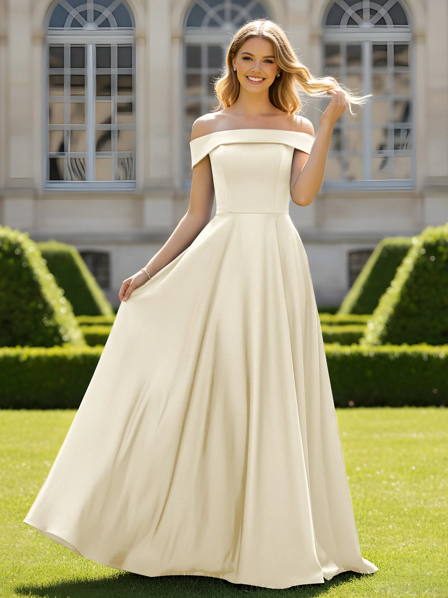 Off-The-Shoulder A-Line Satin Minimal Dress Ivory