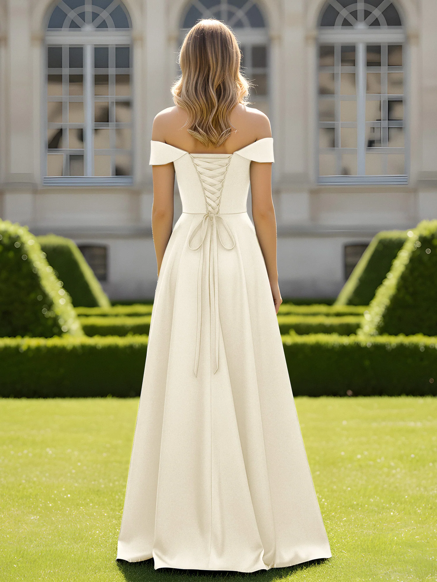 Off-The-Shoulder A-Line Satin Minimal Dress Ivory - Image 2