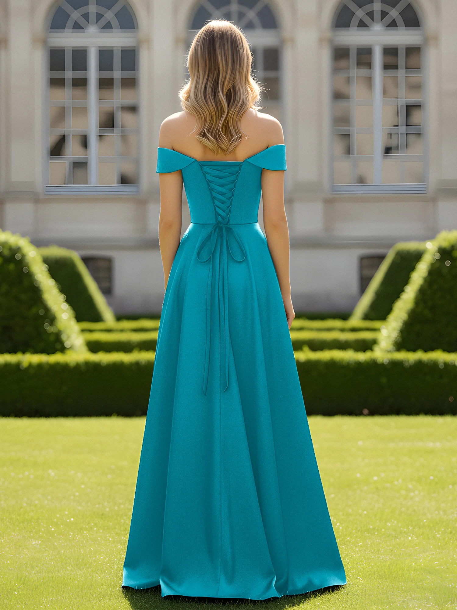 Off-The-Shoulder A-Line Satin Minimal Dress Jade - Image 2