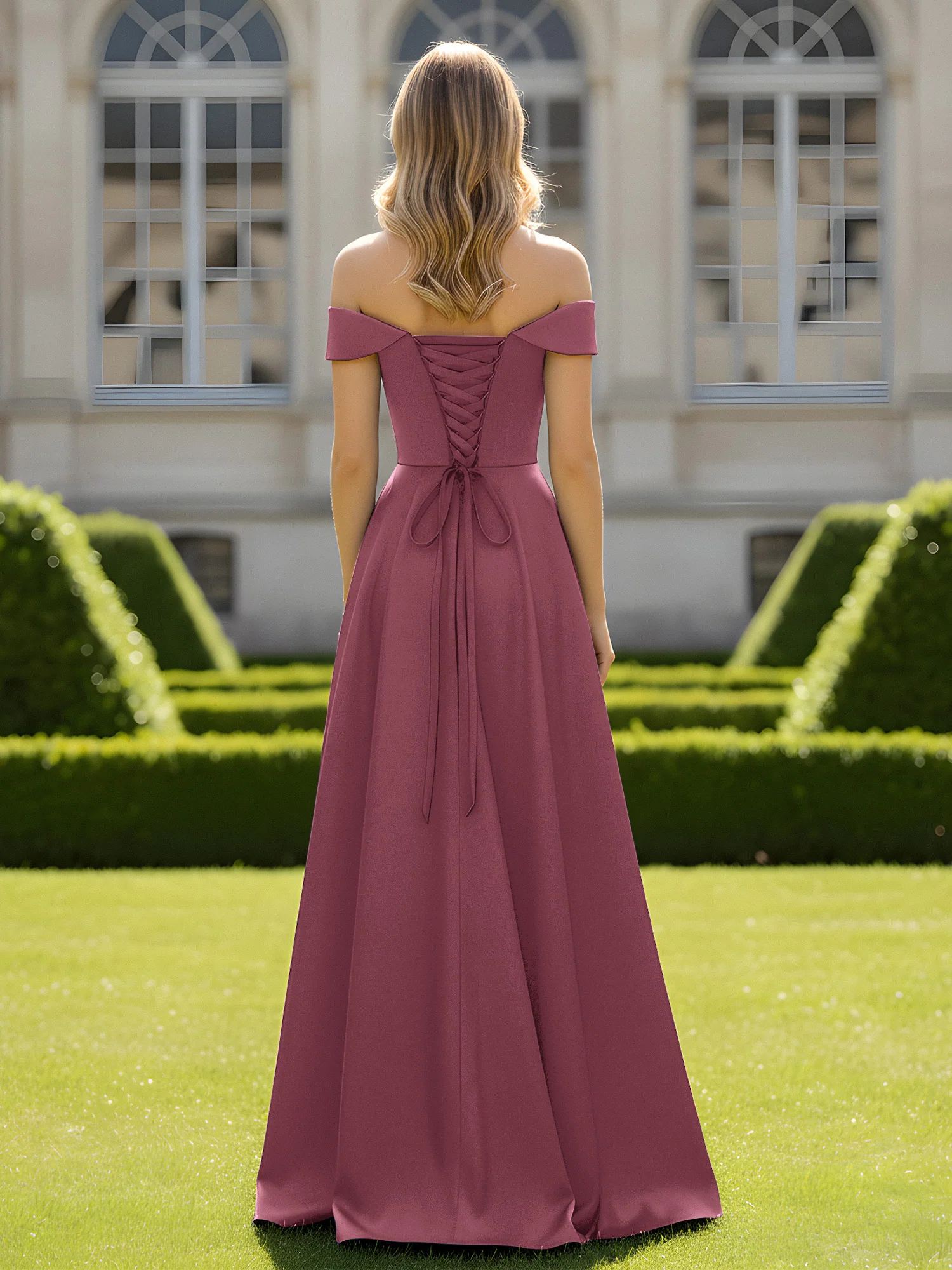 Off-The-Shoulder A-Line Satin Minimal Dress Mulberry - Image 2