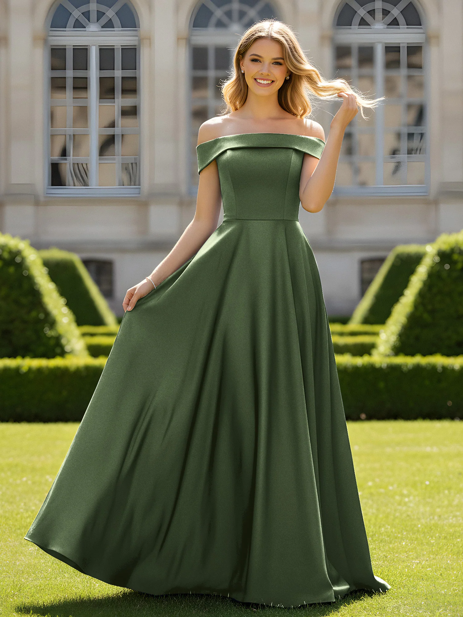 Off-The-Shoulder A-Line Satin Minimal Dress Olive Green