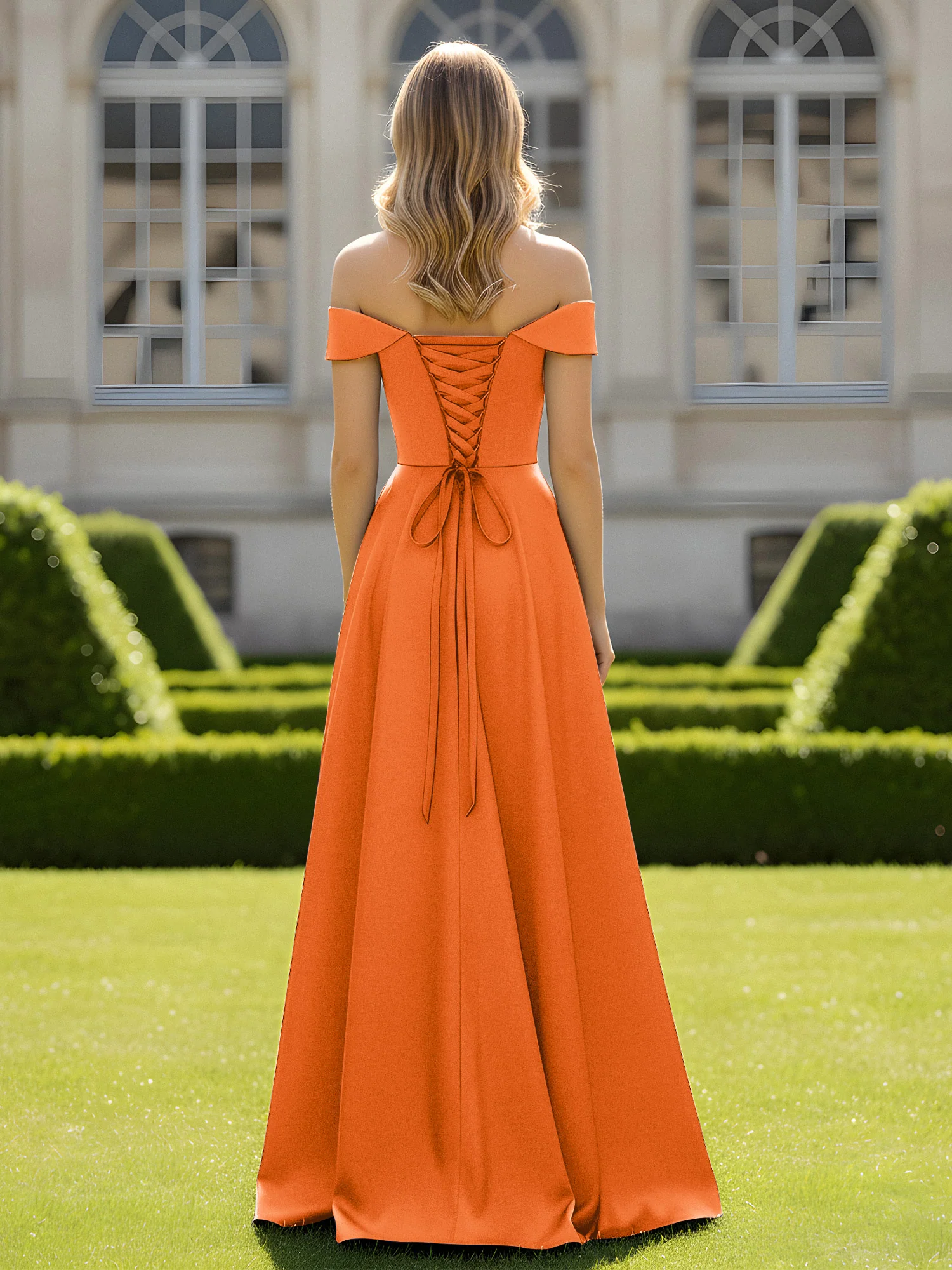 Off-The-Shoulder A-Line Satin Minimal Dress Orange - Image 2