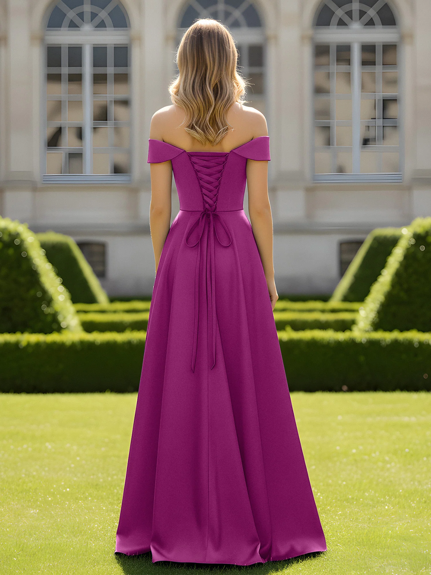 Off-The-Shoulder A-Line Satin Minimal Dress Orchid - Image 2