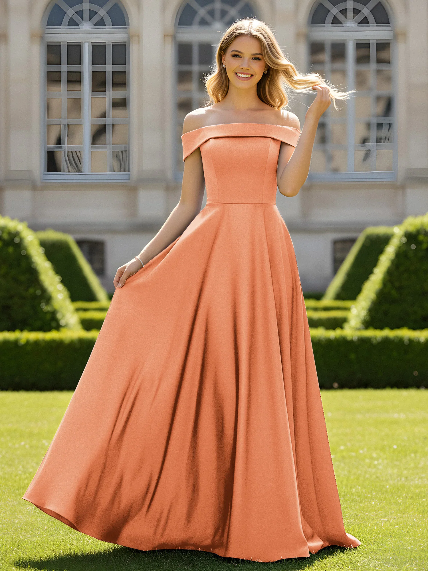 Off-The-Shoulder A-Line Satin Minimal Dress Papaya